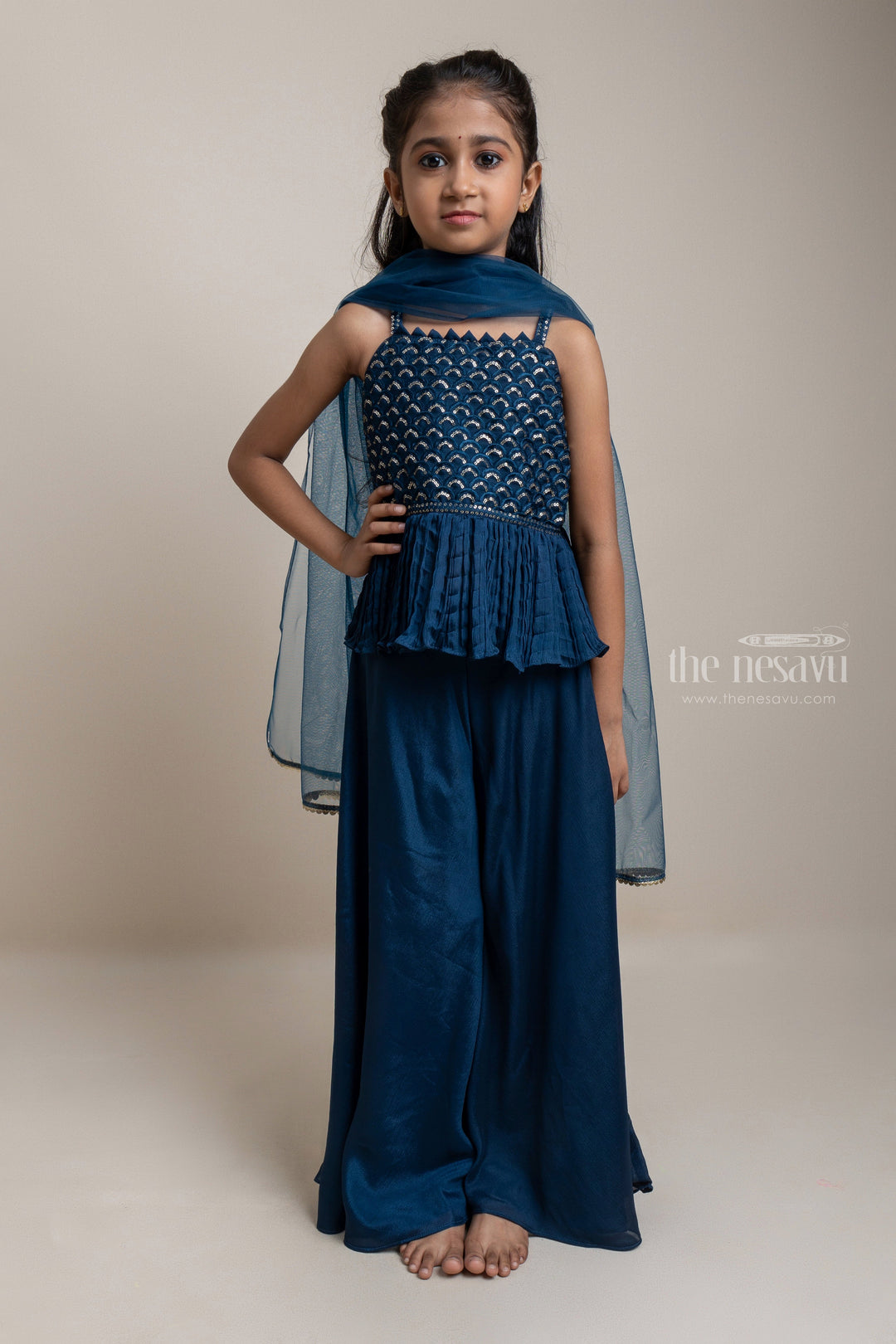 The Nesavu Girls Sharara / Plazo Set Adorable Navy-Blue Glitter Sequins Embroidery Tunic top And Palazzo Suit For Girls Nesavu 18 (2Y) / Blue GPS079D-18 Pink Palazzo Suit For Girls | Latest Girls Collection | The Nesavu
