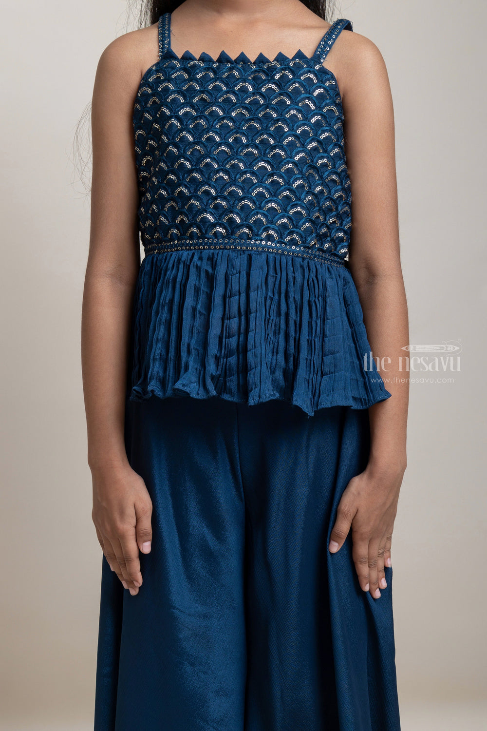 The Nesavu Girls Sharara / Plazo Set Adorable Navy-Blue Glitter Sequins Embroidery Tunic top And Palazzo Suit For Girls Nesavu Pink Palazzo Suit For Girls | Latest Girls Collection | The Nesavu