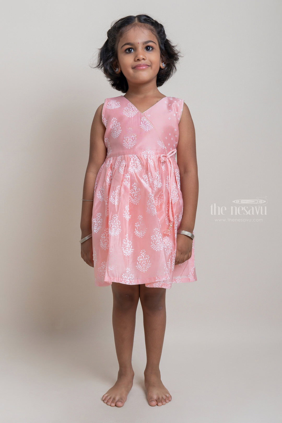 The Nesavu Girls Fancy Frock Adorable Onion Pink With White Kadi Print Butta Printed Sleeveless Chander Frock Nesavu 16 (1Y) / Beige / Chanderi GFC996A-16 Latest Cotton Frock Collection | Premium Casual Wear For Girls | The Nesavu