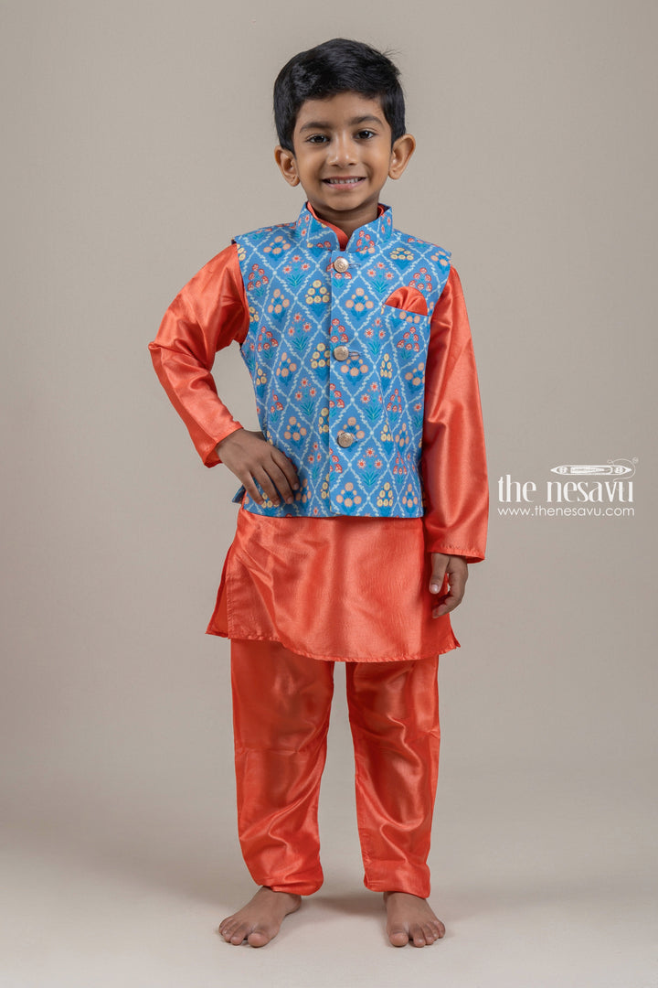 The Nesavu Boys Jacket Sets Adorable Orange Boys Kurta Set With Blue Floral Printed OverCoat Nesavu 12 (3M) / Orange / Semi Silk BES239B-12 Premium Festive Kurta Set For Boys | Boys Kurta Online | The Nesavu