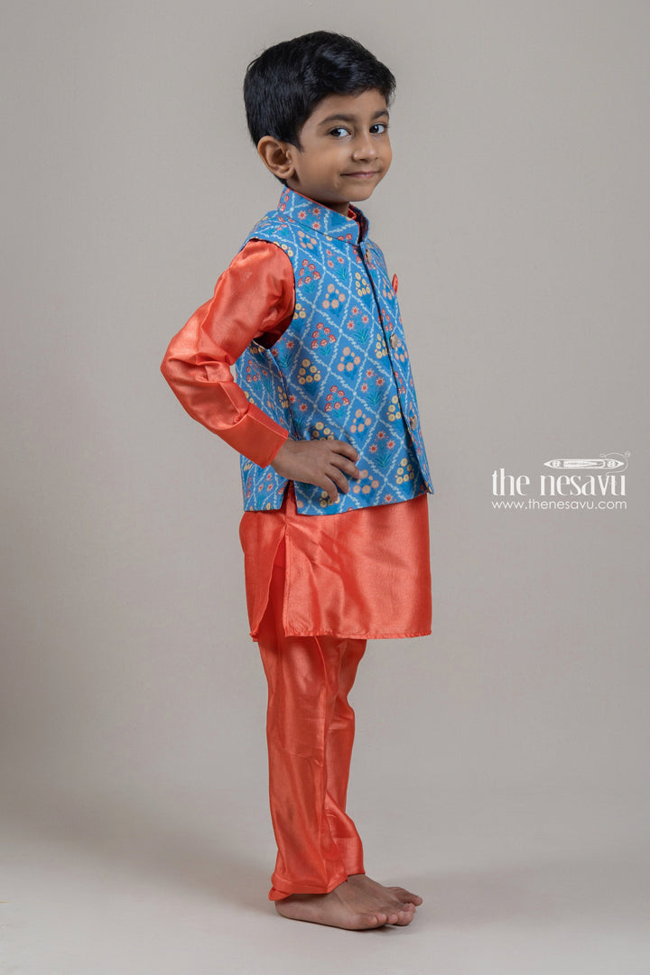 The Nesavu Boys Jacket Sets Adorable Orange Boys Kurta Set With Blue Floral Printed OverCoat Nesavu Premium Festive Kurta Set For Boys | Boys Kurta Online | The Nesavu