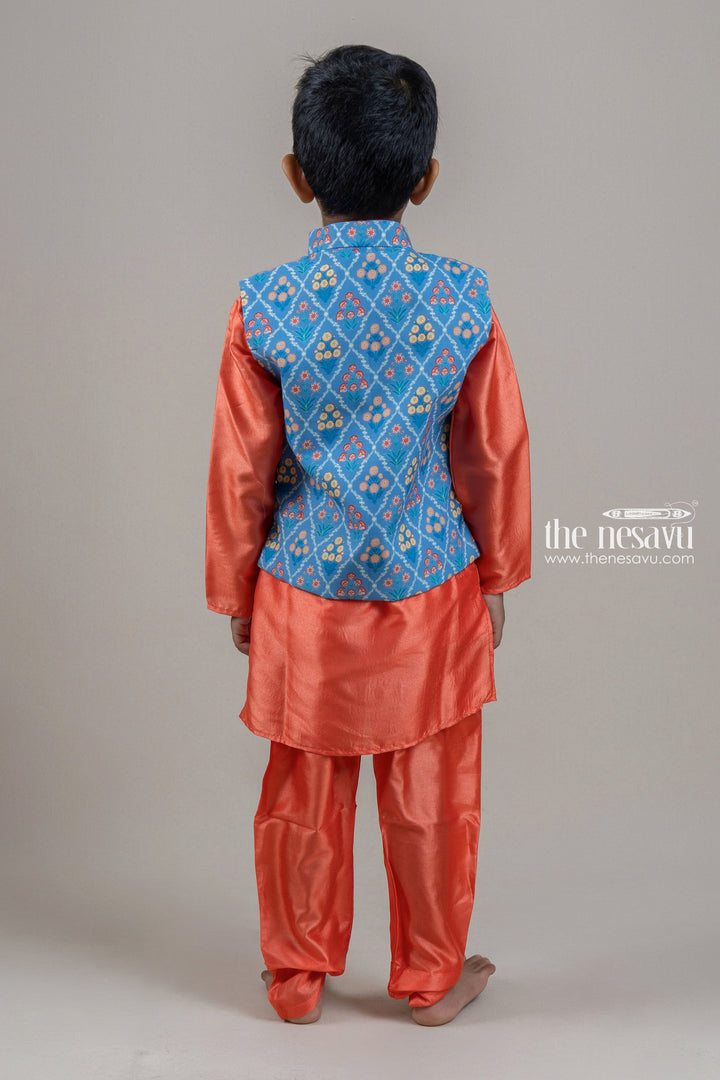 The Nesavu Boys Jacket Sets Adorable Orange Boys Kurta Set With Blue Floral Printed OverCoat Nesavu Premium Festive Kurta Set For Boys | Boys Kurta Online | The Nesavu