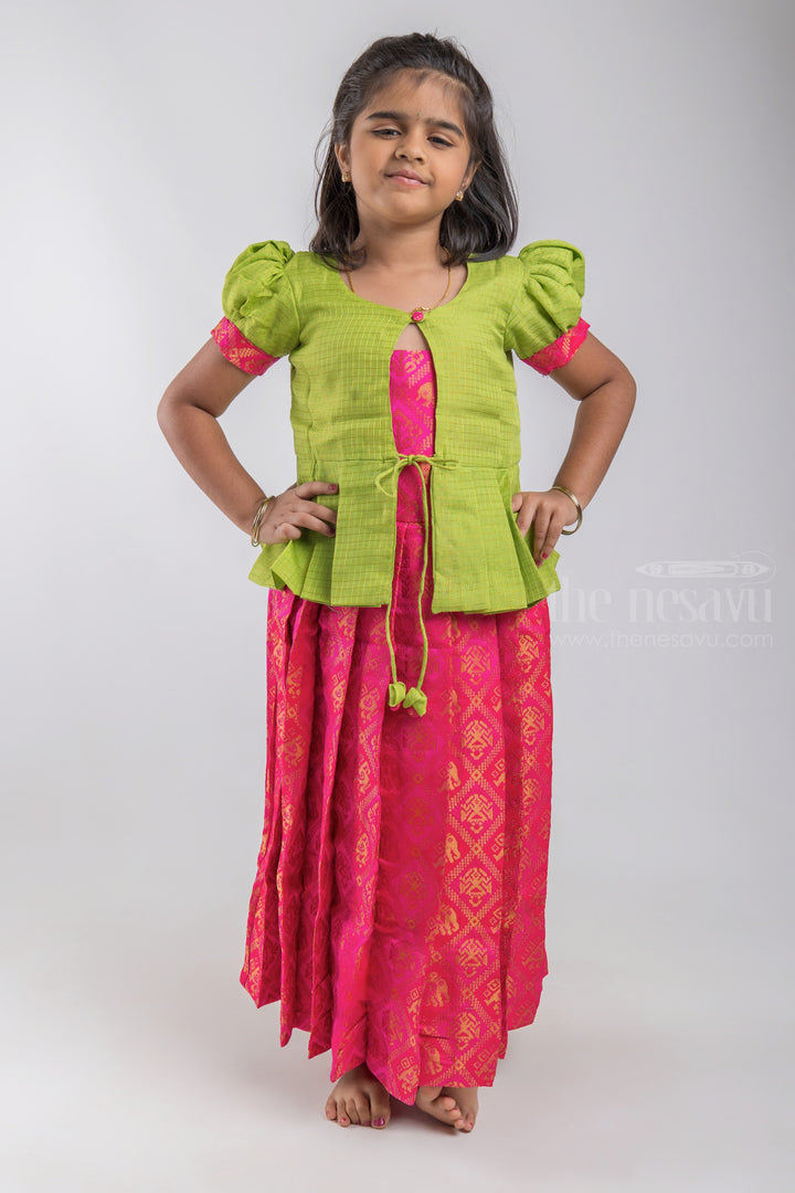 The Nesavu Pattu Pavadai Adorable Parrot Green Silk Blouse And Pink Pleated Designer Silk Skirt For Girls psr silks Nesavu 16 (1Y) / Pink / Silk GPP258A