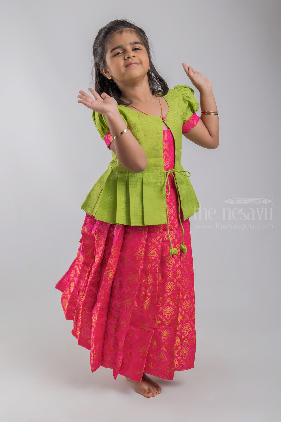 The Nesavu Pattu Pavadai Adorable Parrot Green Silk Blouse And Pink Pleated Designer Silk Skirt For Girls psr silks Nesavu