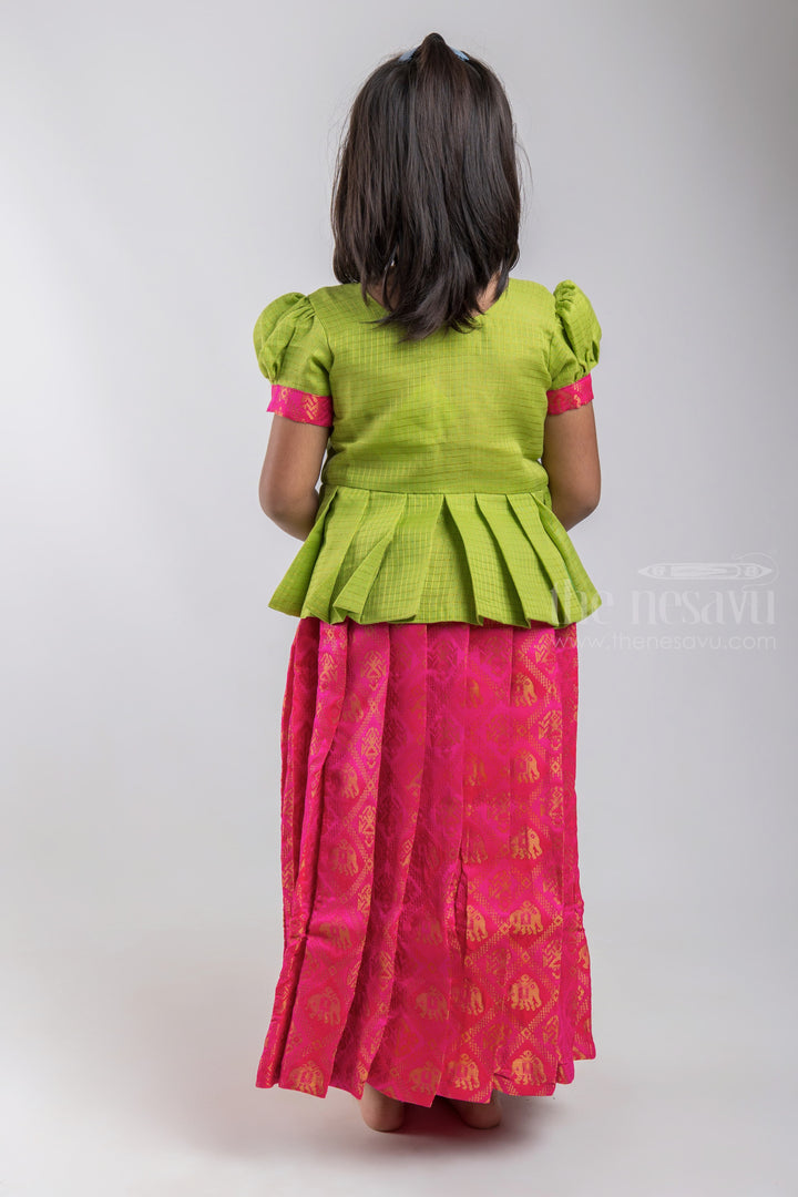 The Nesavu Pattu Pavadai Adorable Parrot Green Silk Blouse And Pink Pleated Designer Silk Skirt For Girls psr silks Nesavu