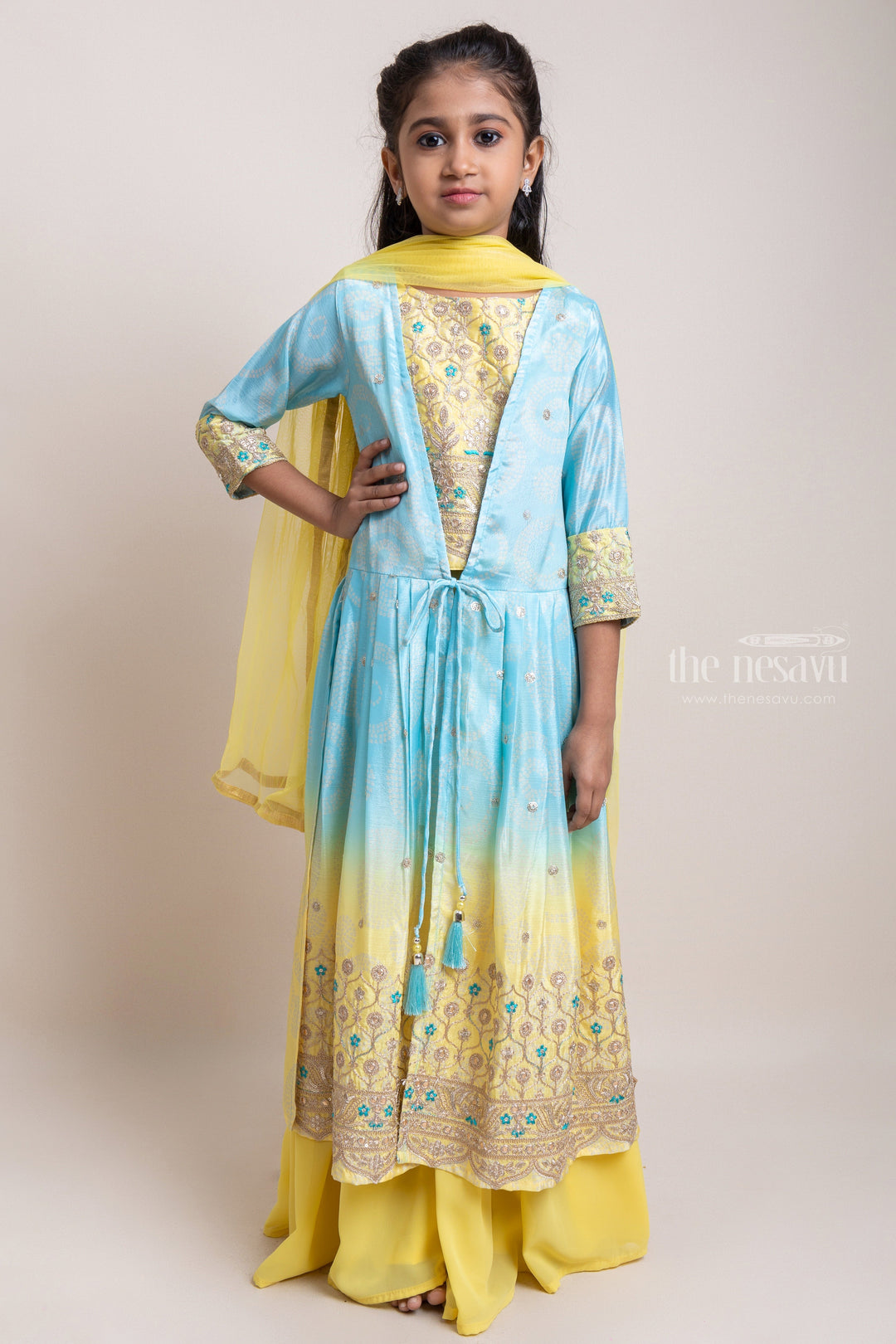 The Nesavu Girls Sharara / Plazo Set Adorable Pastel Yellow Floral Embroidery Crop top And Palazzo Set With designer Overcoat For Girls Nesavu 24 (5Y) / Yellow GPS125-24 Party Dresses For Young Girls | New Arrivals | The Nesavu
