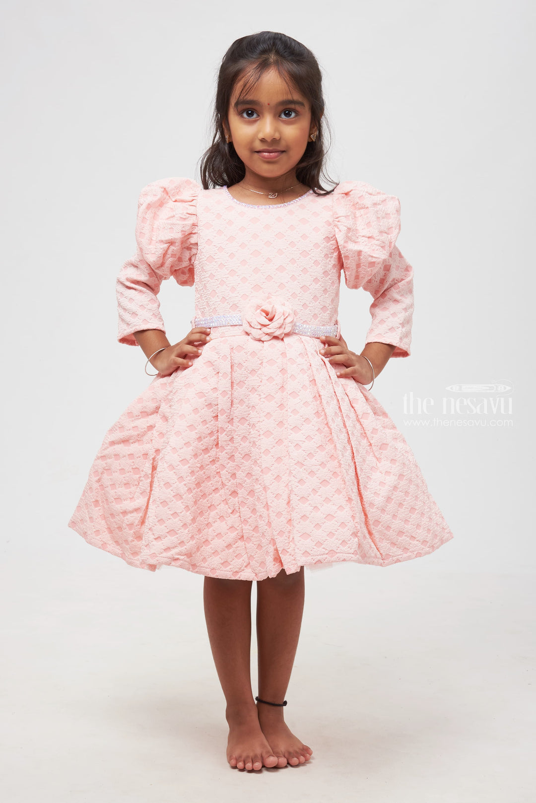 The Nesavu Girls Fancy Party Frock Adorable Pink Dress with Patterned Design & Rose Embellishment for Girls Nesavu 16 (1Y) / Pink / Blend Silk PF152A-16 Patterned Pink Dress with Rose Detail - Elegant Wear for Young Girls | The Nesavu