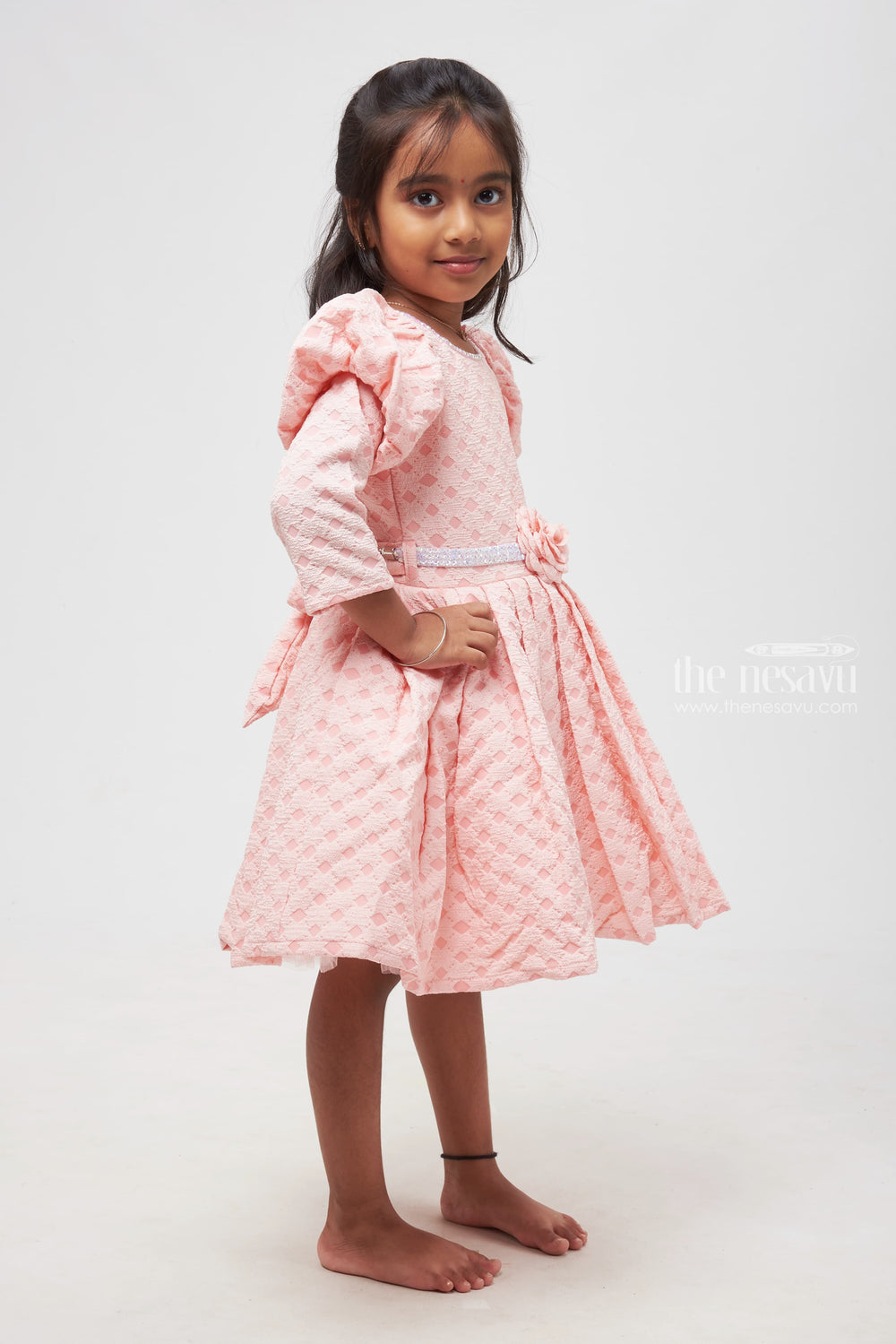 The Nesavu Girls Fancy Party Frock Adorable Pink Dress with Patterned Design & Rose Embellishment for Girls Nesavu Patterned Pink Dress with Rose Detail - Elegant Wear for Young Girls | The Nesavu