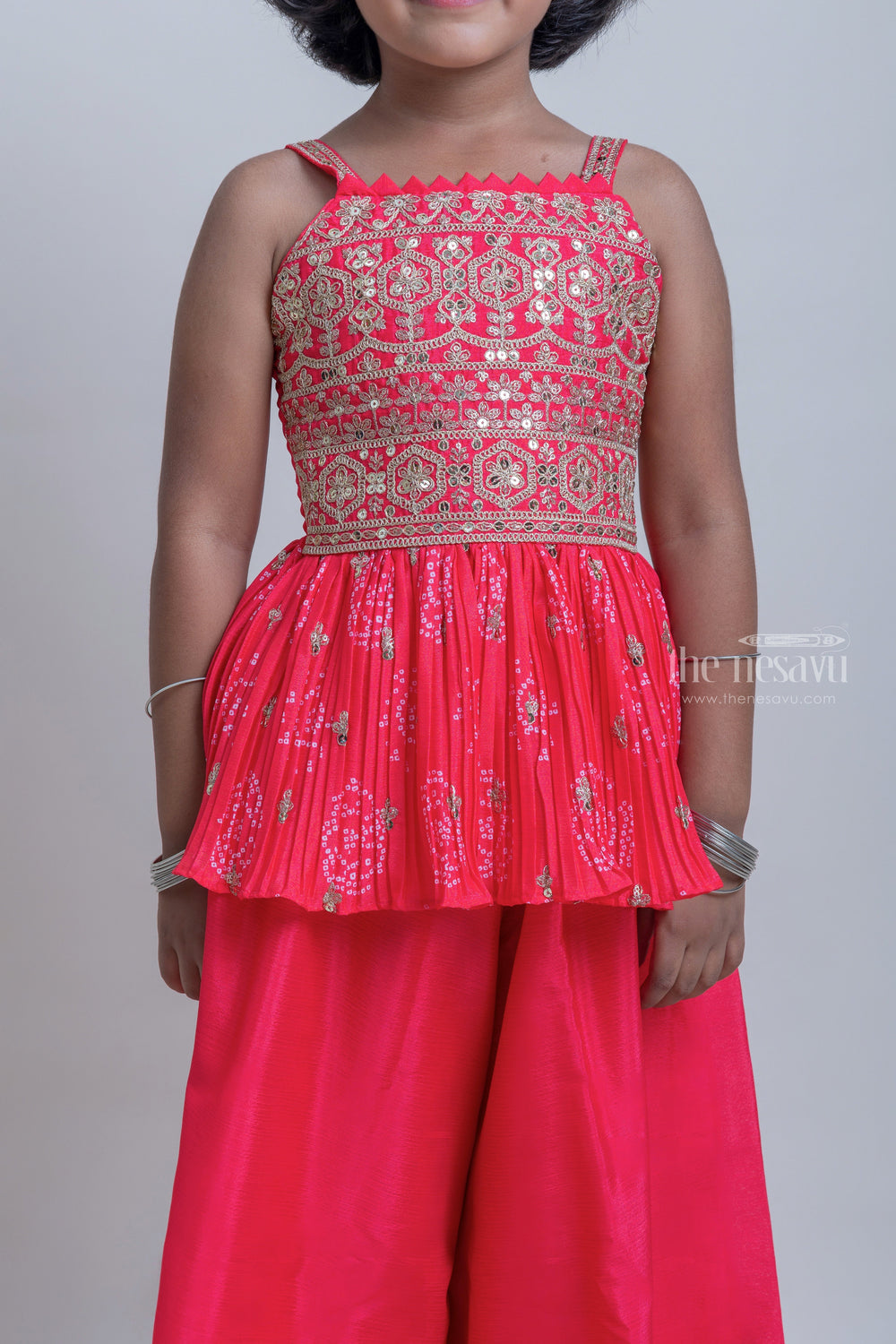 The Nesavu Girls Sharara / Plazo Set Adorable Pink Floral Embroidery Tunic Tops And Palazzo for Girls Nesavu Latest Party Dresses For Girls | Girls Premium Dresses | The Nesavu
