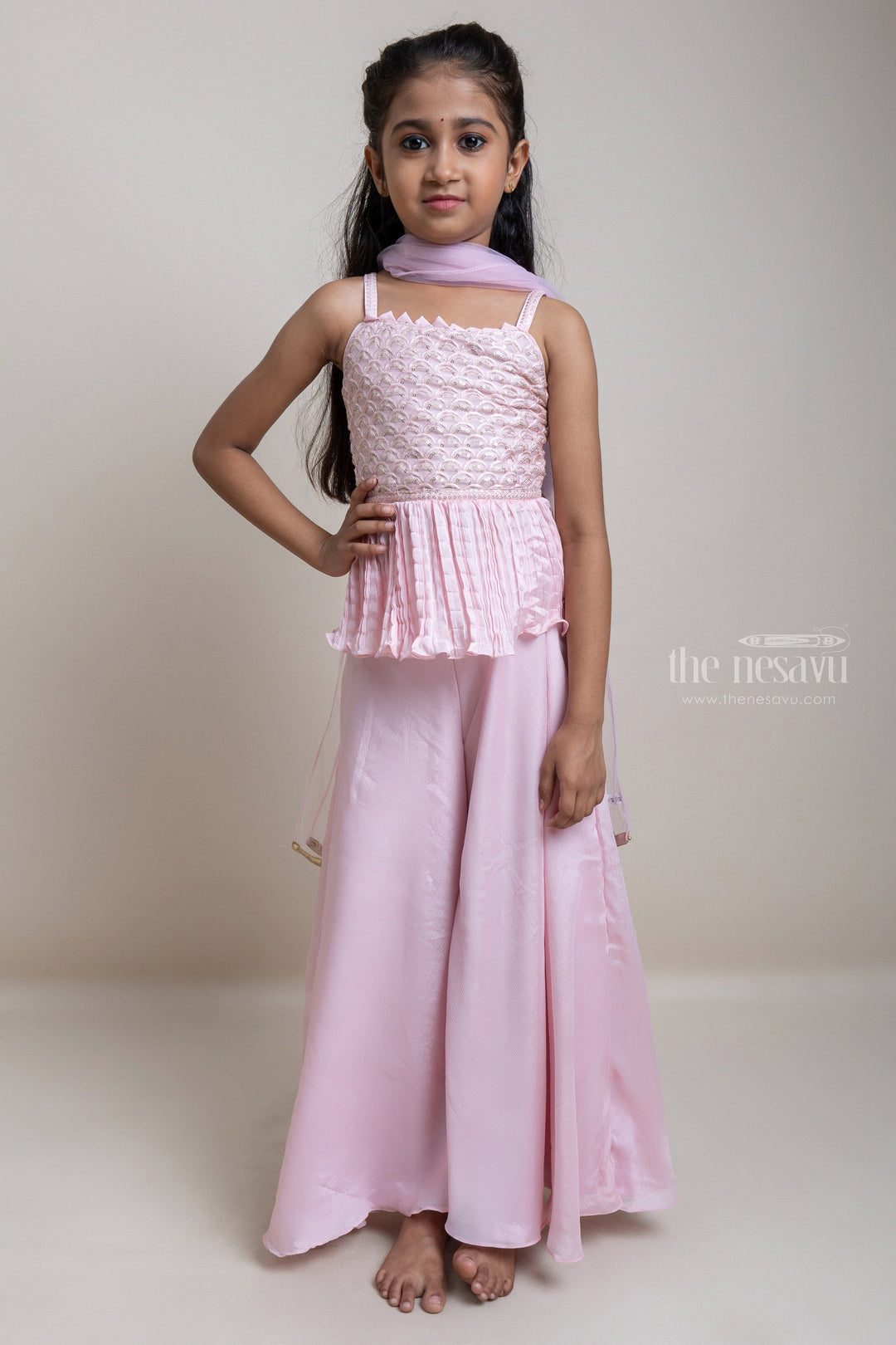 The Nesavu Girls Sharara / Plazo Set Adorable Pink Glitter Sequins Embroidery Tunic top And Palazzo Suit For Girls Nesavu 18 (2Y) / Purple GPS079C-18 Pink Palazzo Suit For Girls | Latest Girls Collection | The Nesavu