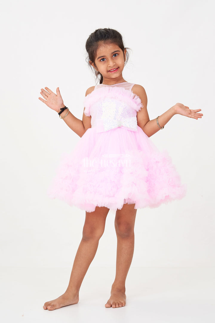 The Nesavu Girls Fancy Party Frock Adorable Pink Net Party Dress for Girls with Ruffled Layers and Sparkling Bow Nesavu 16 (1Y) / Pink PF195B-16 Nesavu Adorable Pink Net Party Dress Girls Ruffles Sparkling Sequin Bow
