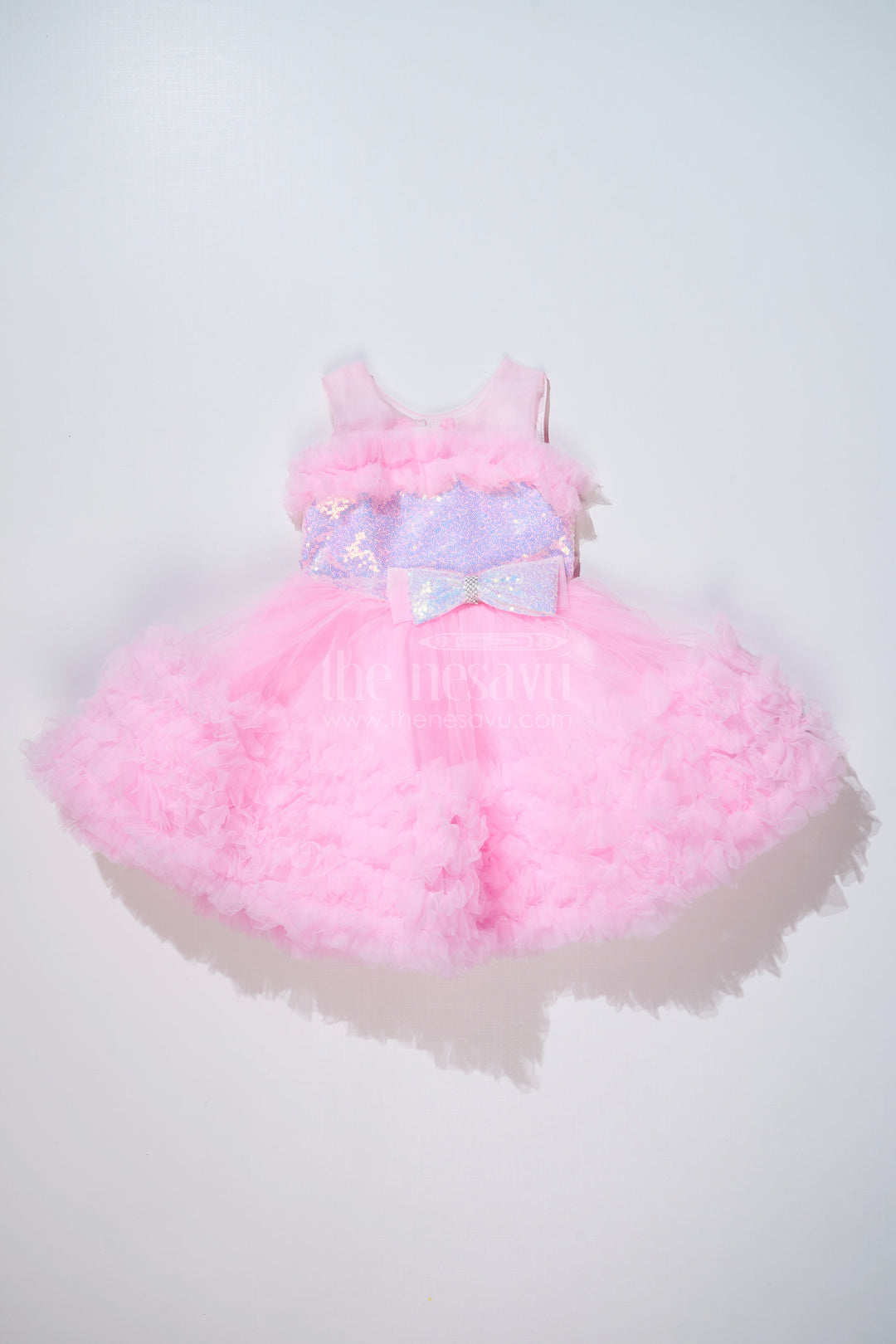 The Nesavu Girls Fancy Party Frock Adorable Pink Net Party Dress for Girls with Ruffled Layers and Sparkling Bow Nesavu Nesavu Adorable Pink Net Party Dress Girls Ruffles Sparkling Sequin Bow