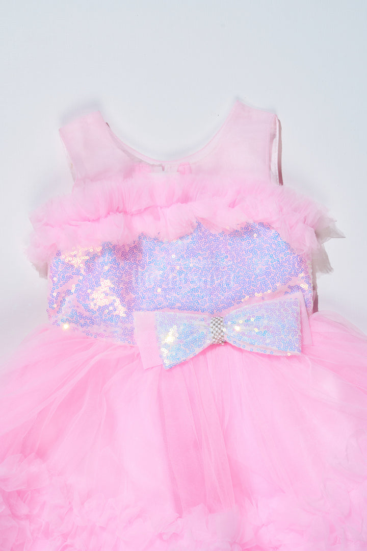 The Nesavu Girls Fancy Party Frock Adorable Pink Net Party Dress for Girls with Ruffled Layers and Sparkling Bow Nesavu Nesavu Adorable Pink Net Party Dress Girls Ruffles Sparkling Sequin Bow