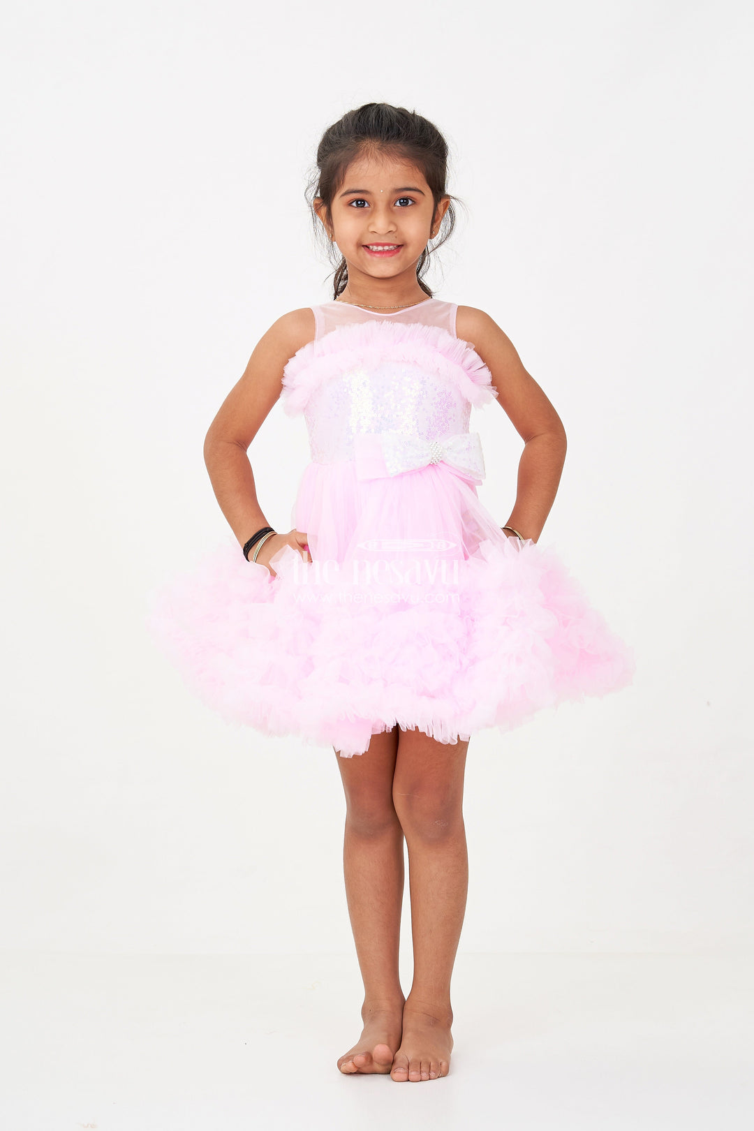 The Nesavu Girls Fancy Party Frock Adorable Pink Net Party Dress for Girls with Ruffled Layers and Sparkling Bow Nesavu Nesavu Adorable Pink Net Party Dress Girls Ruffles Sparkling Sequin Bow