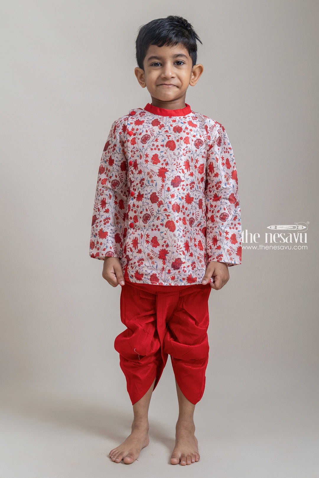 The Nesavu Boys Dothi Set Adorable Red Floral Printed Cotton Kurta Set For Little Boys Nesavu 14 (6M) / Red / Semi Silk BES324A-14 Boys Cotton Kurta Set | Latest Boys Kurta Collection | The Nesavu