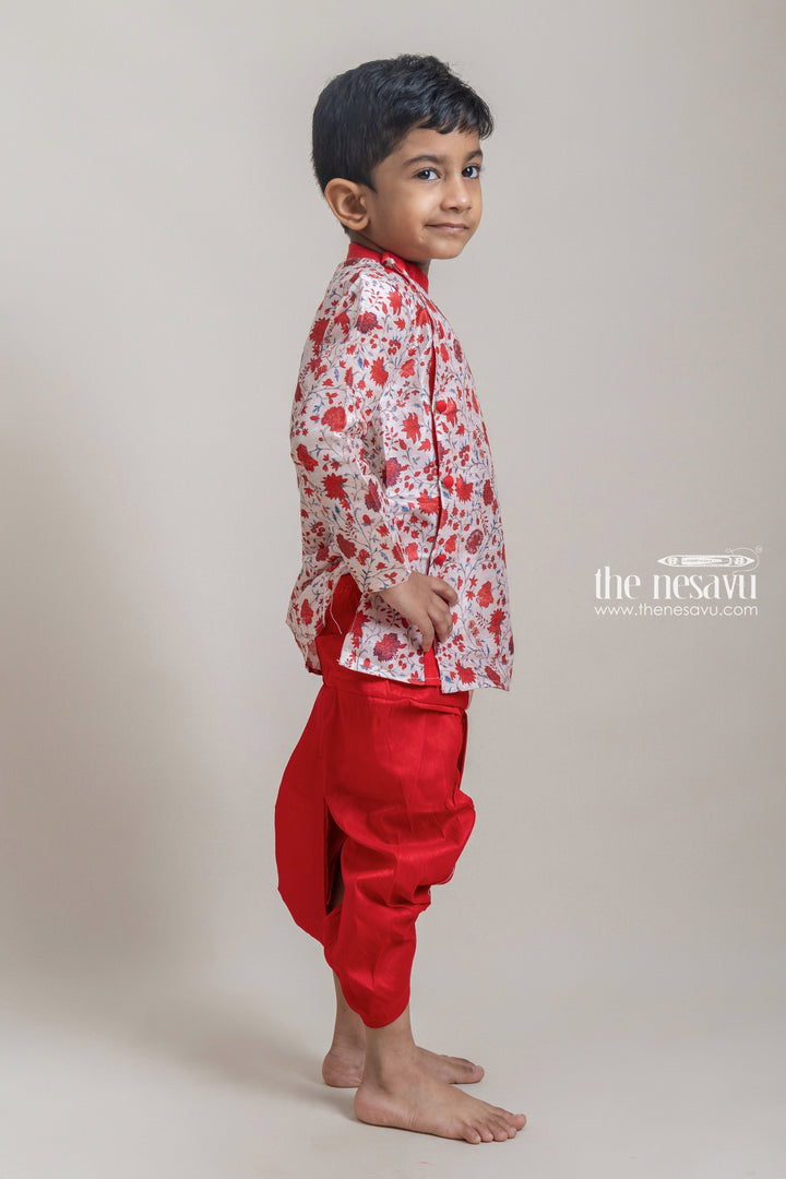 The Nesavu Boys Dothi Set Adorable Red Floral Printed Cotton Kurta Set For Little Boys Nesavu Boys Cotton Kurta Set | Latest Boys Kurta Collection | The Nesavu