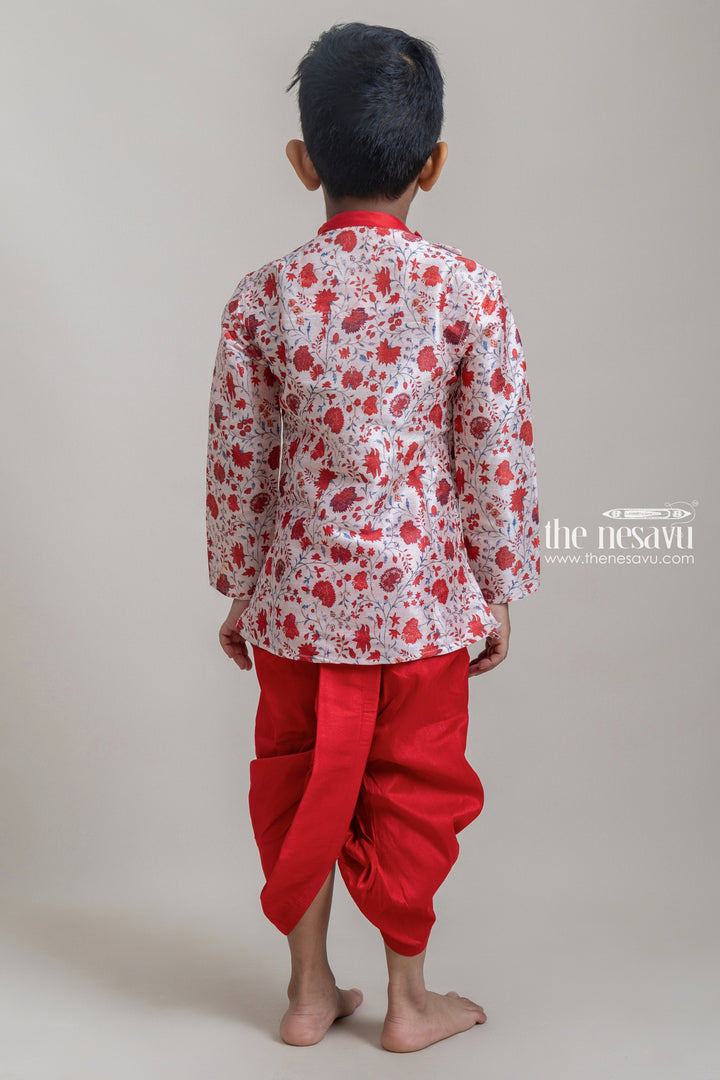 The Nesavu Boys Dothi Set Adorable Red Floral Printed Cotton Kurta Set For Little Boys Nesavu Boys Cotton Kurta Set | Latest Boys Kurta Collection | The Nesavu