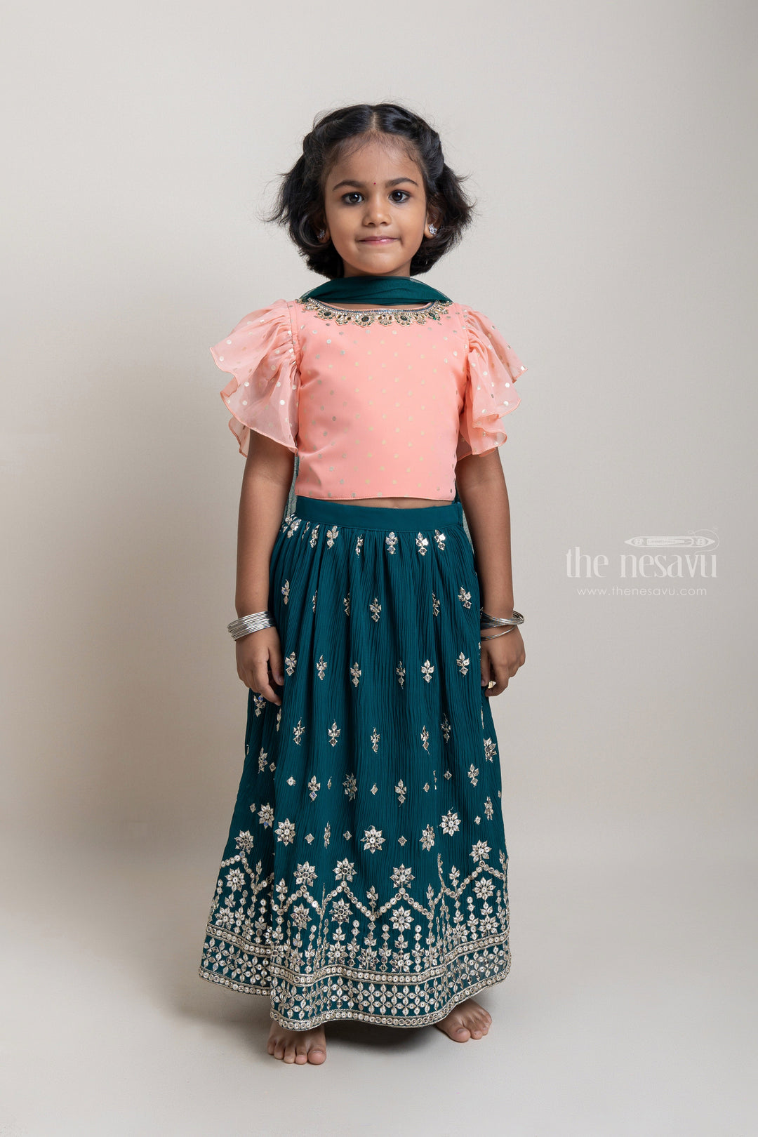 The Nesavu Lehenga & Ghagra Adorable Salmon Pink Ruffled Sleeve Choli With Green Designed Mirror Embroidery Lehanga Set For Girls Nesavu 16 (1Y) / Green / Georgette GL324-16 Pretty Pink Designer Choli Set For Girls | Latest Girls Collection | The Nesavu