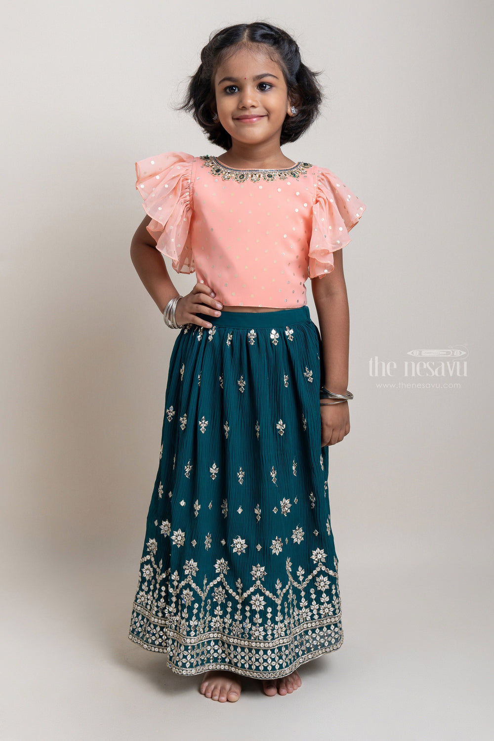The Nesavu Lehenga & Ghagra Adorable Salmon Pink Ruffled Sleeve Choli With Green Designed Mirror Embroidery Lehanga Set For Girls Nesavu Pretty Pink Designer Choli Set For Girls | Latest Girls Collection | The Nesavu