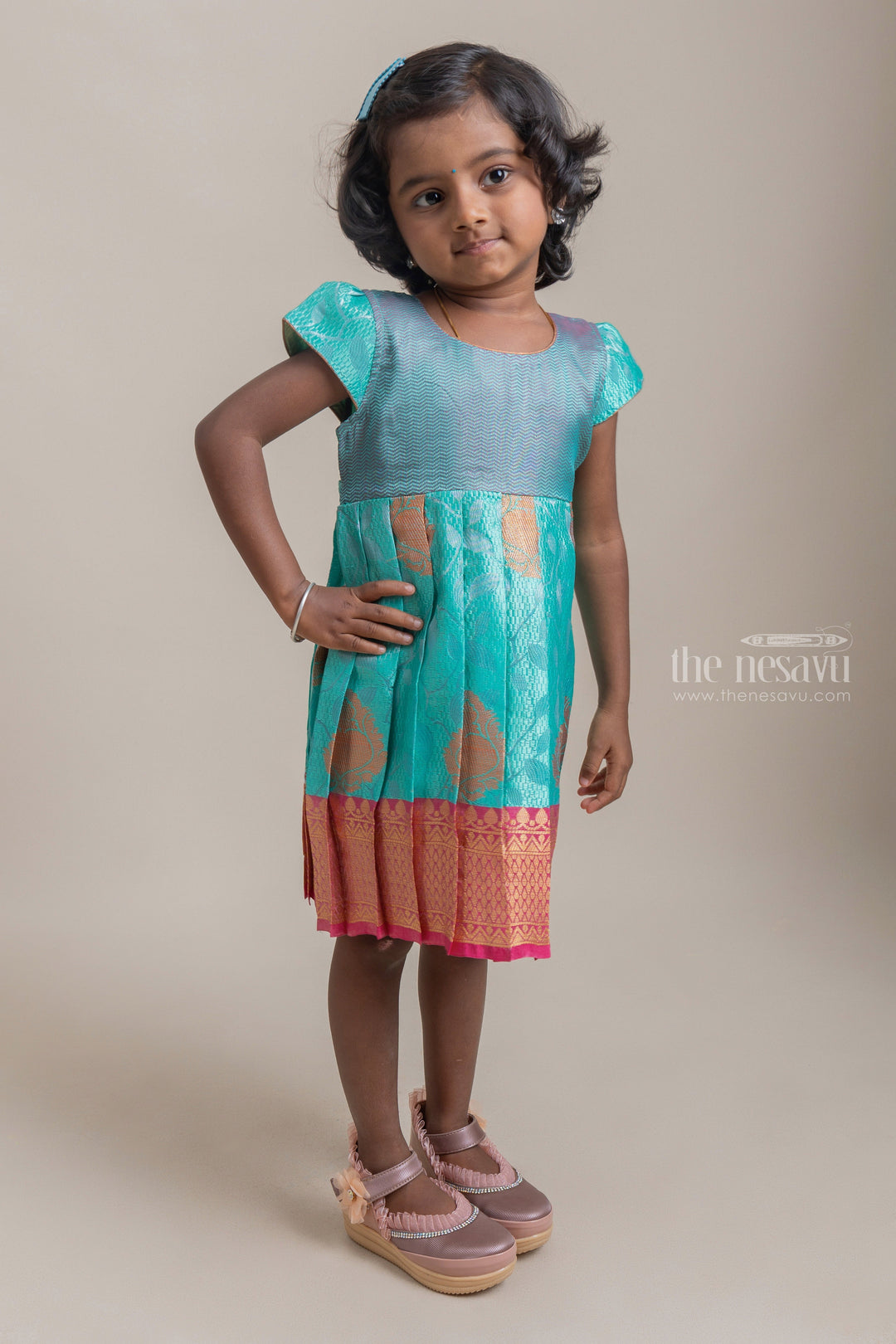 The Nesavu Silk Frock Adorable Sea Green Floral Designed Semi-Silk Frock For Little Girls Nesavu 16 (1Y) / Green / Cotton Silk SF483A Latest Silk Frock Collection For Girls | Premium Pattu Frock | The Nesavu