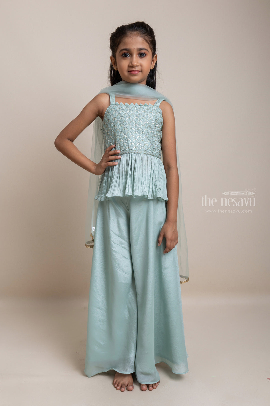 The Nesavu Girls Sharara / Plazo Set Adorable Sea-Green Glitter Sequins Embroidery Tunic top And Palazzo Suit For Girls Nesavu 18 (2Y) / Green GPS079E-18 Pink Palazzo Suit For Girls | Latest Girls Collection | The Nesavu