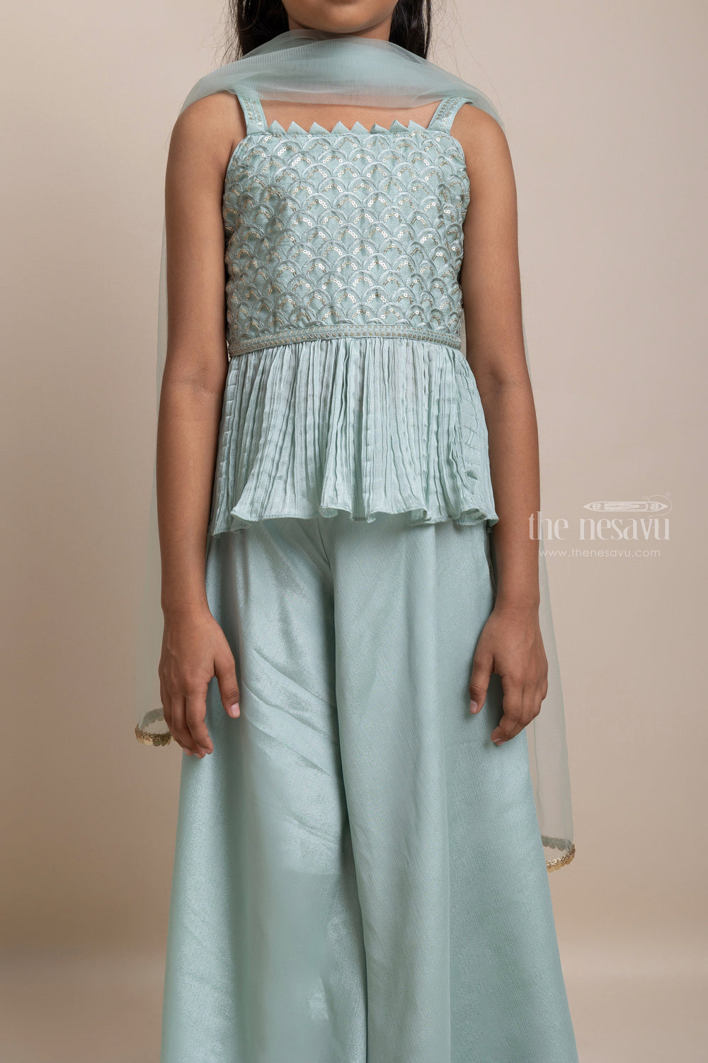 The Nesavu Girls Sharara / Plazo Set Adorable Sea-Green Glitter Sequins Embroidery Tunic top And Palazzo Suit For Girls Nesavu Pink Palazzo Suit For Girls | Latest Girls Collection | The Nesavu