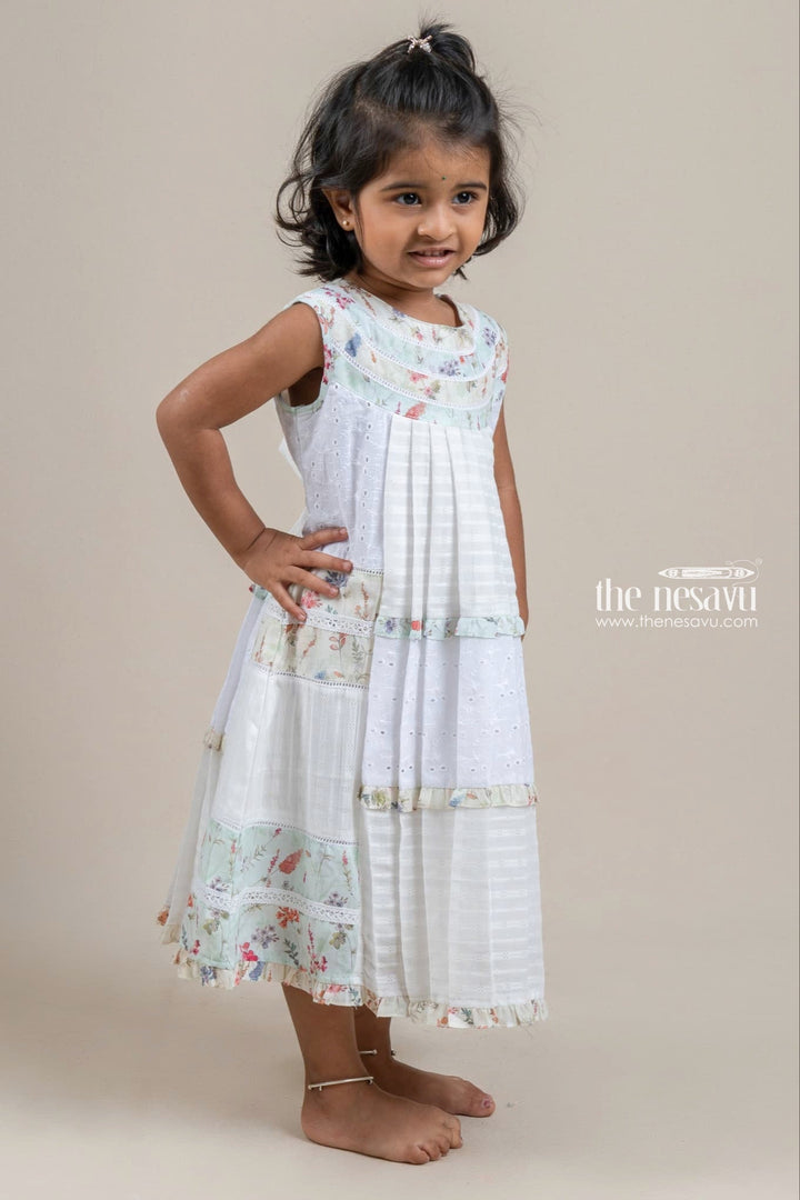 The Nesavu Girls Cotton Frock Adorable White N Green Floral Printed Sleeveless Cotton Frock For Girls Nesavu Latest Frock Model For Kids | Girls Frock Dress | The Nesavu