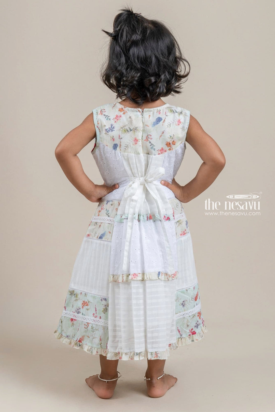 The Nesavu Girls Cotton Frock Adorable White N Green Floral Printed Sleeveless Cotton Frock For Girls Nesavu Latest Frock Model For Kids | Girls Frock Dress | The Nesavu