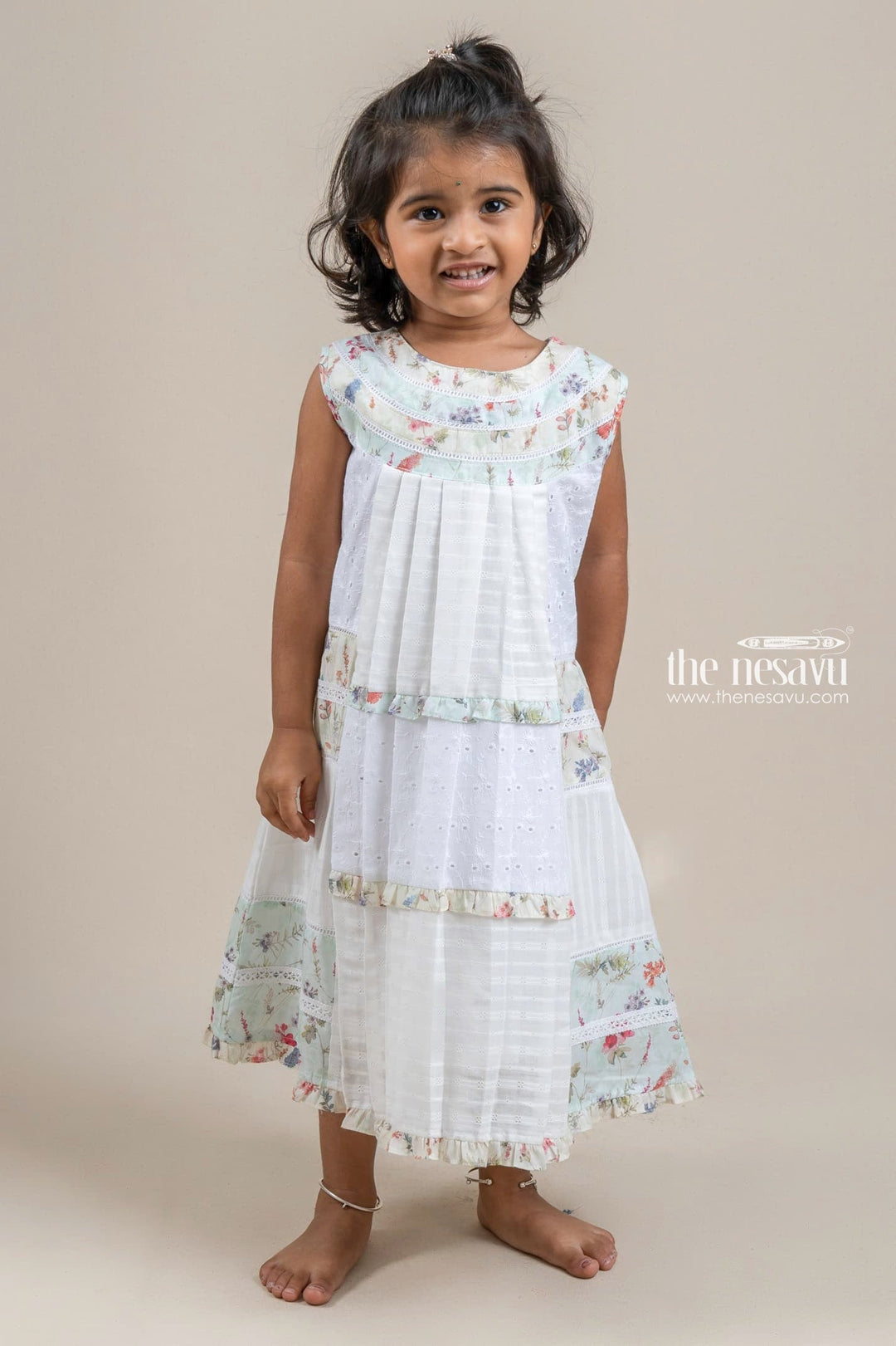 The Nesavu Girls Cotton Frock Adorable White N Green Floral Printed Sleeveless Cotton Frock For Girls Nesavu Latest Frock Model For Kids | Girls Frock Dress | The Nesavu