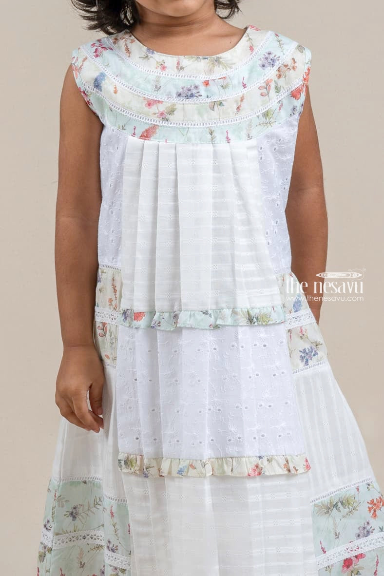 The Nesavu Girls Cotton Frock Adorable White N Green Floral Printed Sleeveless Cotton Frock For Girls Nesavu Latest Frock Model For Kids | Girls Frock Dress | The Nesavu