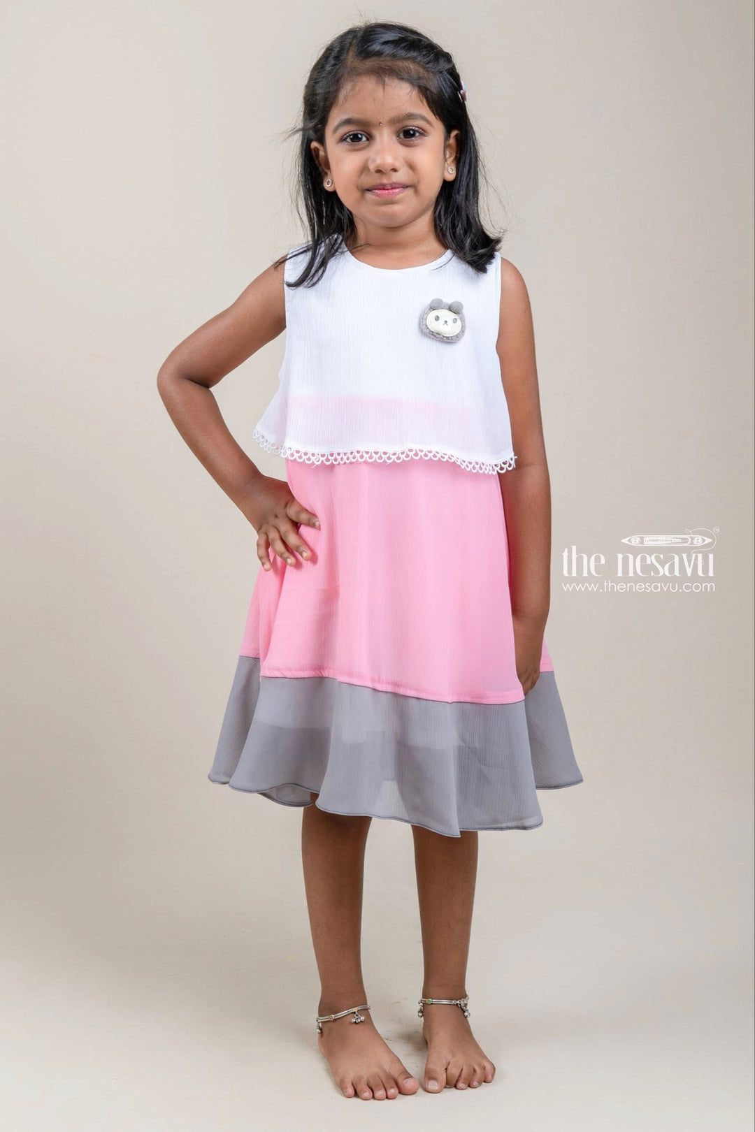 The Nesavu Girls Fancy Frock Adorable White N Pink Sleeveless Chiffon Frock For Girls Nesavu 20 (3Y) / Pink / Crepe GFC1042A-20 Premium Cotton Frocks Design | High Quality Kids Wear | The Nesavu