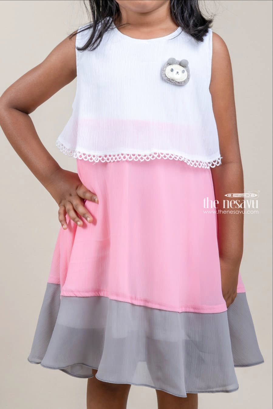 The Nesavu Girls Fancy Frock Adorable White N Pink Sleeveless Chiffon Frock For Girls Nesavu Premium Cotton Frocks Design | High Quality Kids Wear | The Nesavu