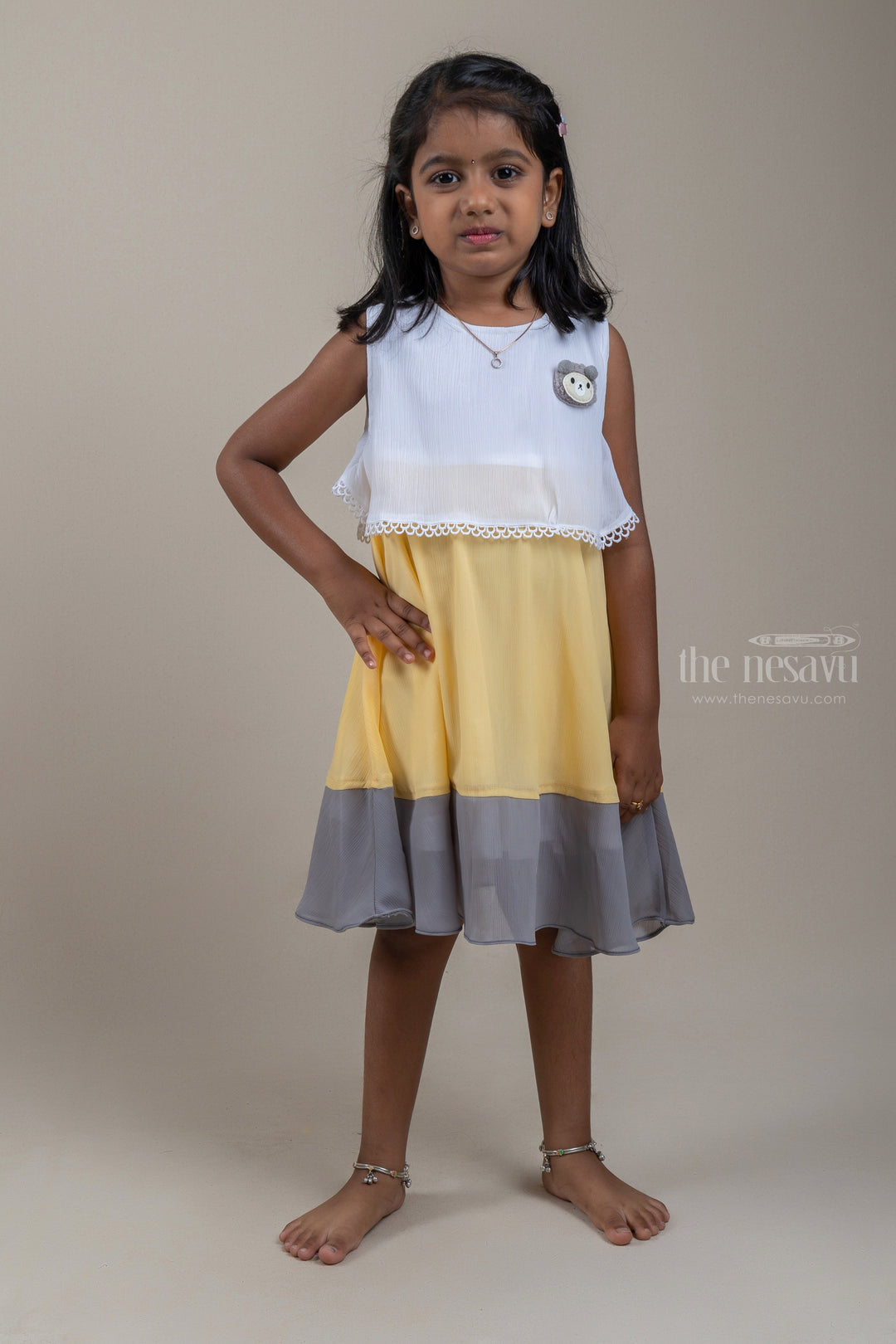 The Nesavu Frocks & Dresses Adorable White N Yellow Sleeveless Chiffon Frock For Girls psr silks Nesavu 20 (3Y) / Yellow GFC1042B