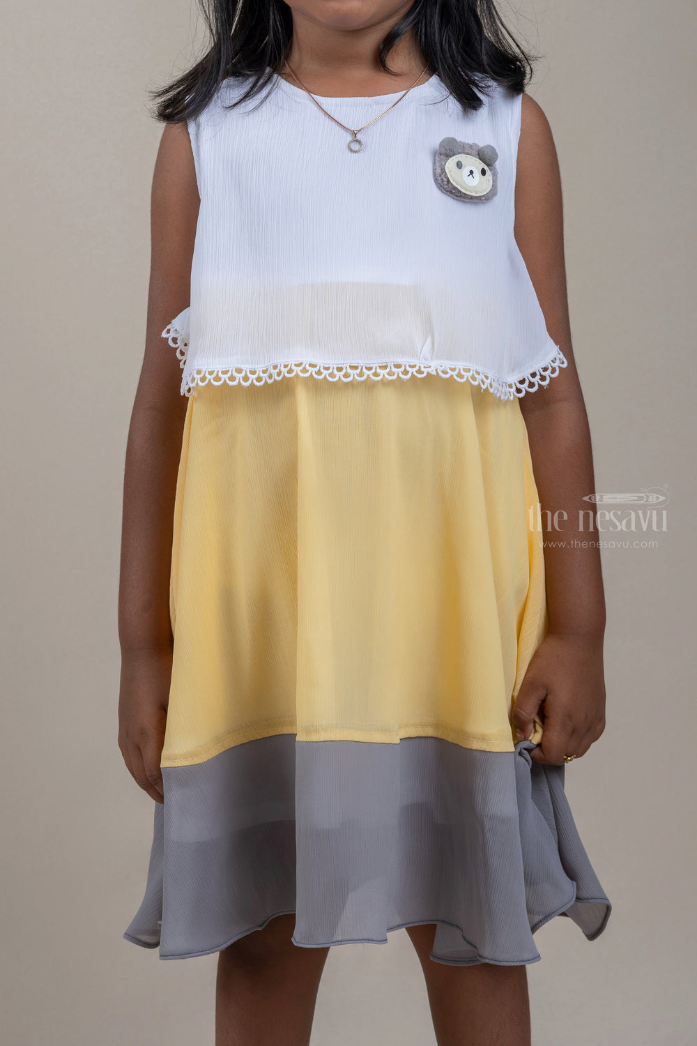 The Nesavu Frocks & Dresses Adorable White N Yellow Sleeveless Chiffon Frock For Girls psr silks Nesavu