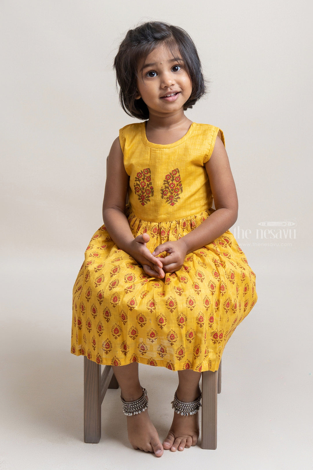 The Nesavu Girls Cotton Frock Adorable Yellow Butta Hand block Printed Sleeveless Cotton Frock For Girls Nesavu 16 (1Y) / Yellow / Chanderi GFC999A-16 Fancy Yellow Cotton Frock For Girls | High Quality Frock | The Nesavu