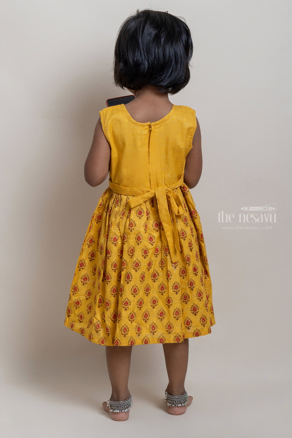 The Nesavu Girls Cotton Frock Adorable Yellow Butta Hand block Printed Sleeveless Cotton Frock For Girls Nesavu Fancy Yellow Cotton Frock For Girls | High Quality Frock | The Nesavu