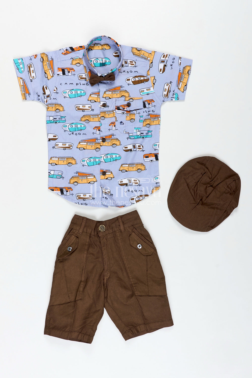 The Nesavu Boys Casual Set Adventure Theme Shirt and Shorts Outfit for Baby Boys Nesavu 18 (2Y) / Gray BCS354A-18 Nesavu Boys Travel Graphic Cotton Set Shirt Shorts Cap Accessories Toddler Explorers