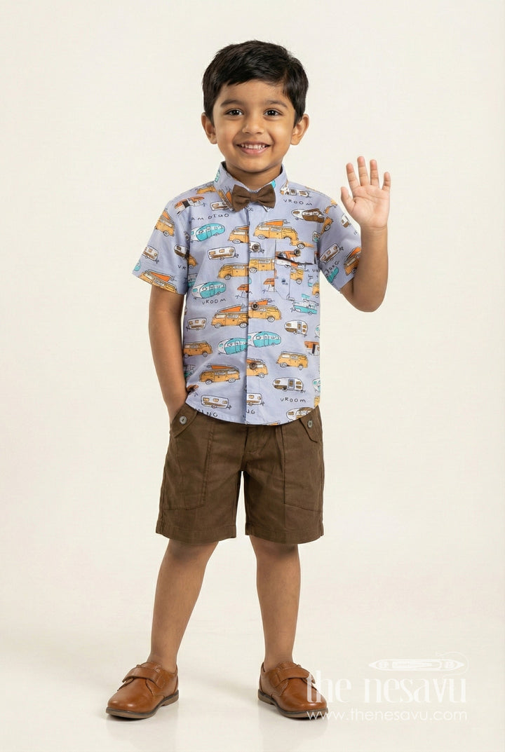 The Nesavu Boys Casual Set Adventure Theme Shirt and Shorts Outfit for Baby Boys Nesavu 18 (2Y) / Gray BCS354A-18 Nesavu Boys Travel Graphic Cotton Set Shirt Shorts Cap Accessories Toddler Explorers