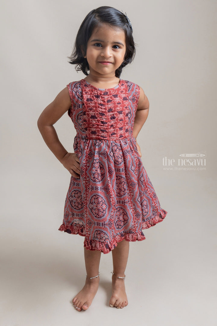 The Nesavu Girls Cotton Frock Ajarak Printed Geometric Printed Sleeveless Cotton Frock For Girls Nesavu 16 (1Y) / Brown / Mashru Silk GFC994A Modern Cotton Frocks | Fashionable Girls Frock | The Nesavu