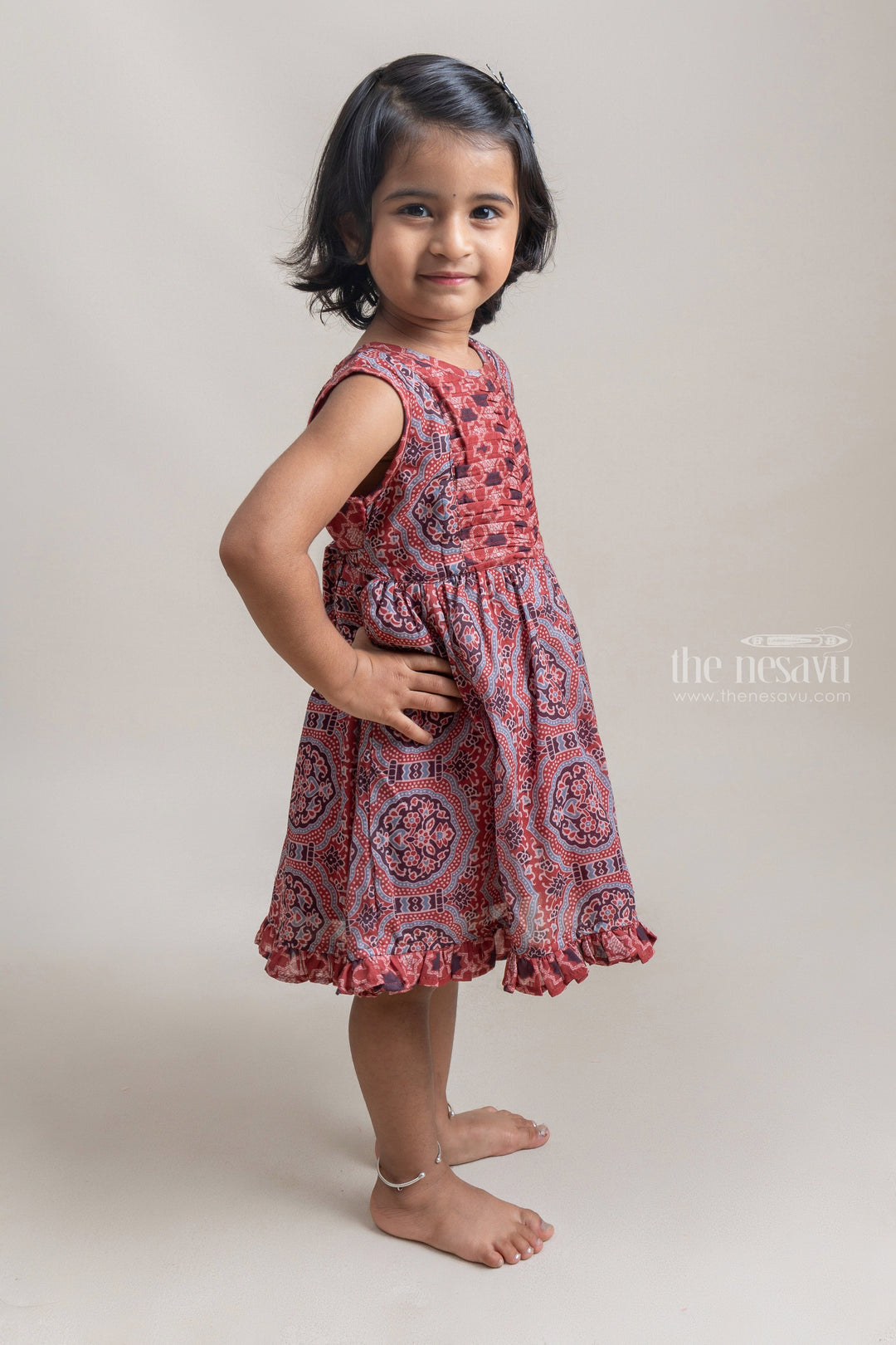 The Nesavu Girls Cotton Frock Ajarak Printed Geometric Printed Sleeveless Cotton Frock For Girls Nesavu Modern Cotton Frocks | Fashionable Girls Frock | The Nesavu