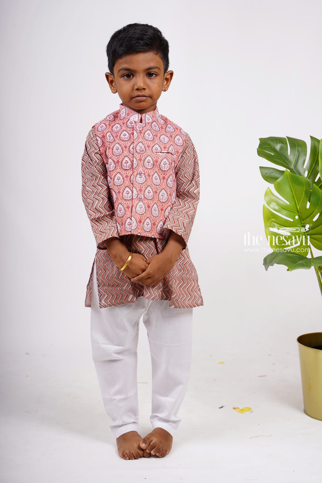 The Nesavu Boys Jacket Sets Ajrak Block Printed Kurtha with Printed Jacket Pant Set for Boys Nesavu 16 (1Y) / Brown BES80-16 Stylish Party Wear Kurta For Boys | Designer Ethnics | The Nesavu
