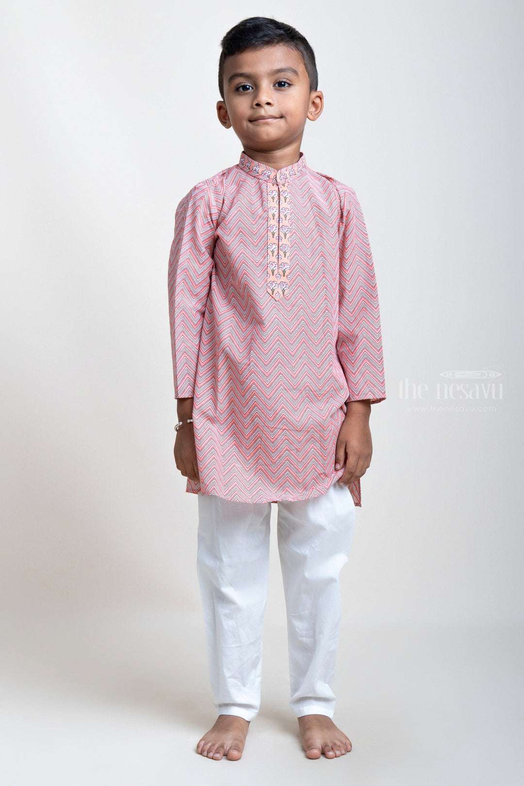 The Nesavu Boys Kurtha Set Ajrak Printed ZigZag Pink Cotton Kurta And White Pyjama For Little Boys psr silks Nesavu 16 (1Y) / Pink / Cotton BES274