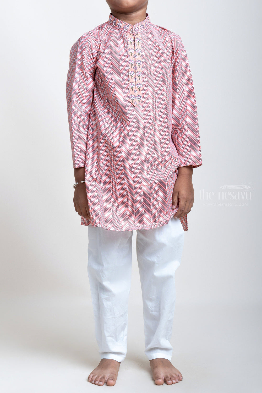 The Nesavu Boys Kurtha Set Ajrak Printed ZigZag Pink Cotton Kurta And White Pyjama For Little Boys psr silks Nesavu