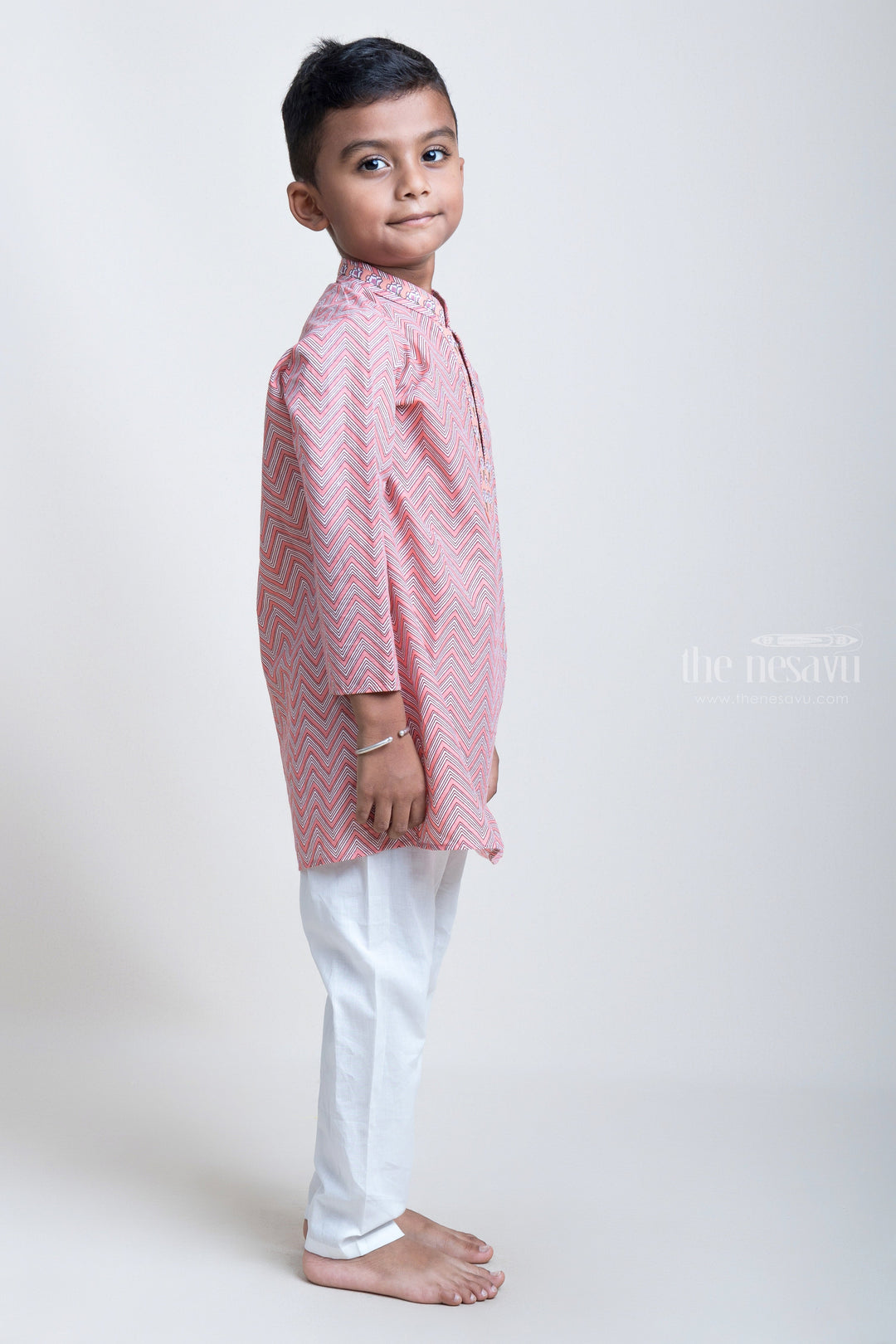 The Nesavu Boys Kurtha Set Ajrak Printed ZigZag Pink Cotton Kurta And White Pyjama For Little Boys psr silks Nesavu