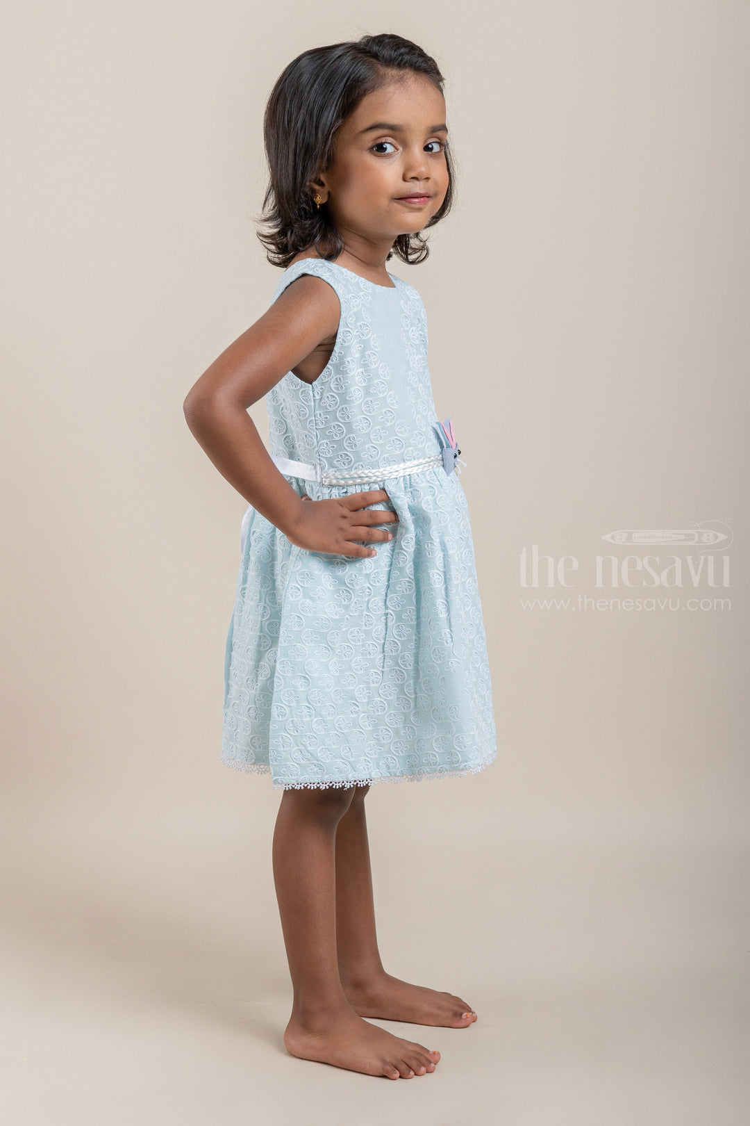 The Nesavu Baby Cotton Frocks All Over Floral Embroidered Green Bamboo Cotton Frock For Baby Girls Nesavu Floral Designer baby Frock | Cotton Dresses For Kids | The Nesavu