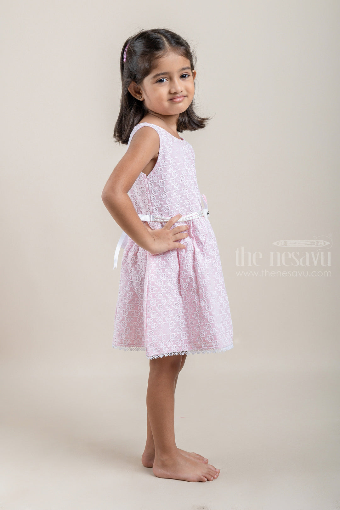 The Nesavu Baby Cotton Frocks All Over Floral Embroidered Pink Bamboo Cotton Frock For Baby Girls Nesavu All Over Floral Embroidered Pink Bamboo Cotton Baby Frock | The Nesavu