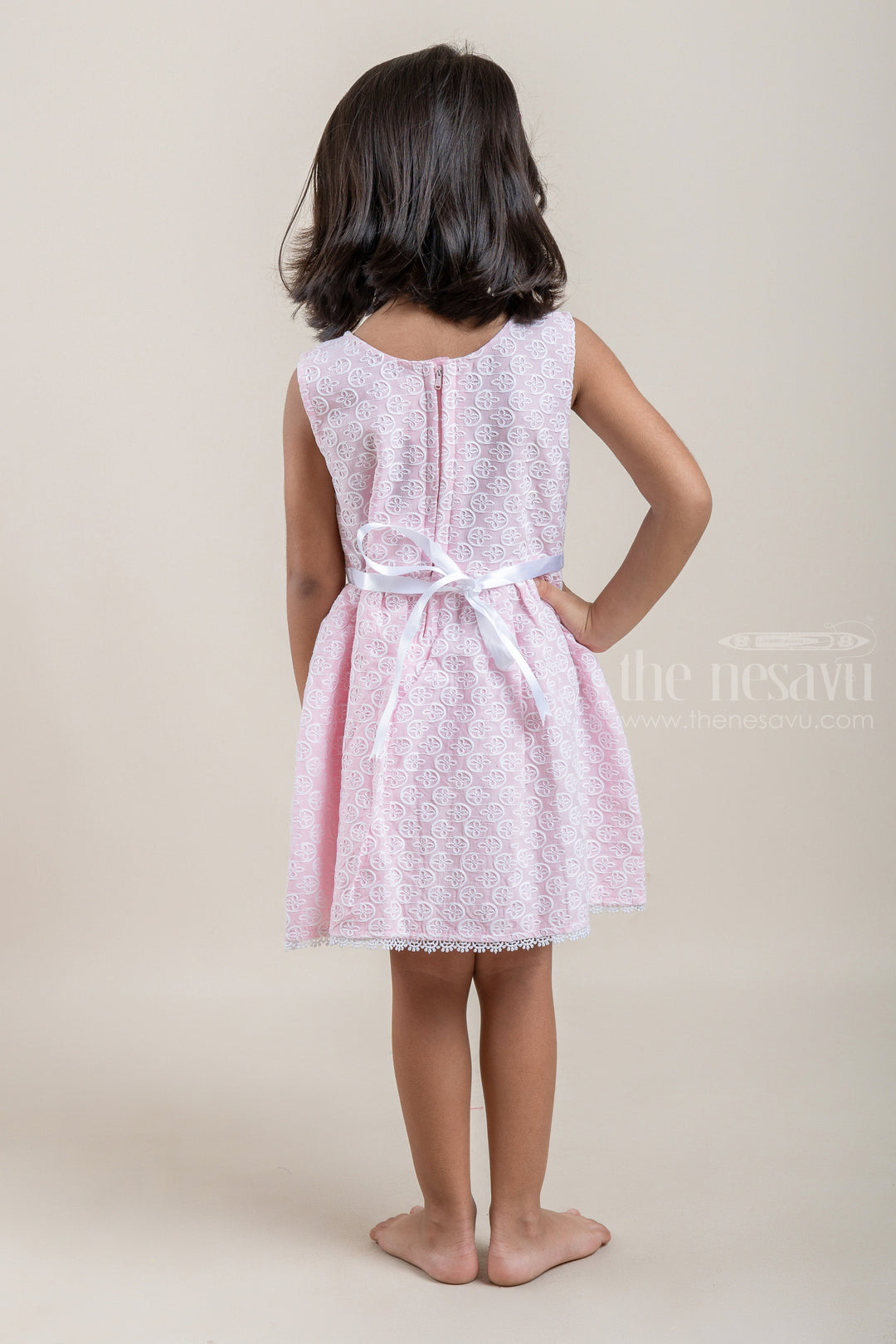The Nesavu Baby Cotton Frocks All Over Floral Embroidered Pink Bamboo Cotton Frock For Baby Girls Nesavu All Over Floral Embroidered Pink Bamboo Cotton Baby Frock | The Nesavu