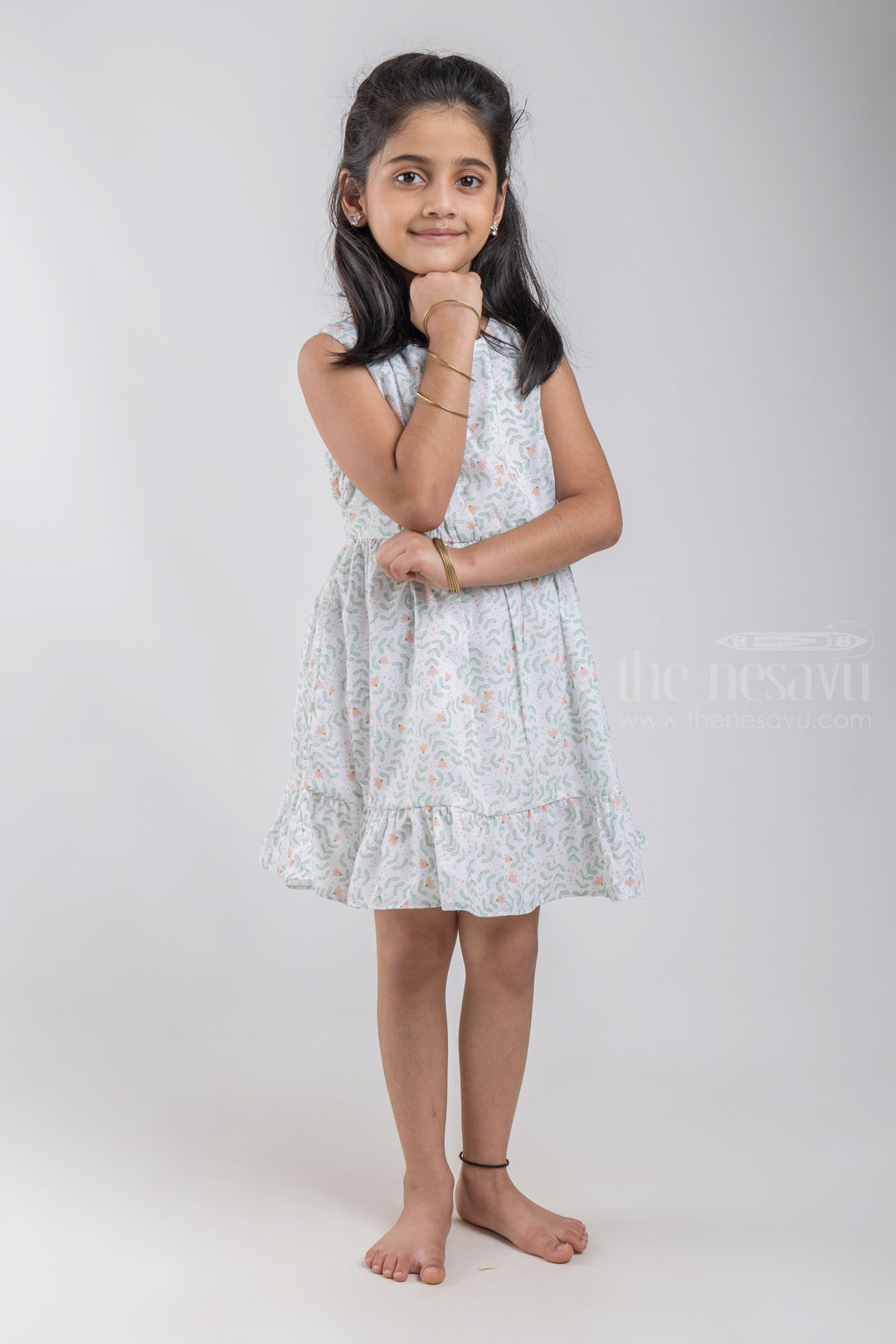 The Nesavu Girls Fancy Frock All Over Floral Printed White Georgette Frock For Girls psr silks Nesavu 18 (2Y) / Green GFC1074A