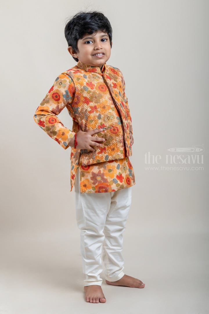 The Nesavu Boys Jacket Sets All Over Multicolor Floral Printed Cotton Kurta with White Pant and Floral Printed Overcoat for Boys Nesavu Boys Kurta With Floral Print | Festive Wear Kurta | The Nesavu