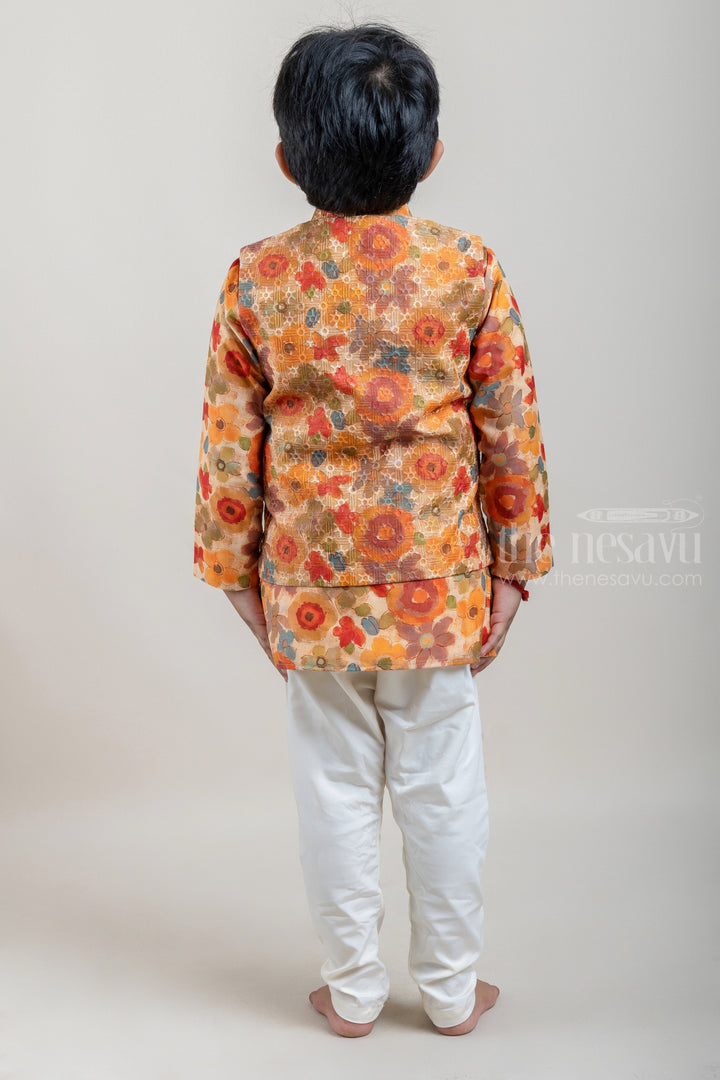 The Nesavu Boys Jacket Sets All Over Multicolor Floral Printed Cotton Kurta with White Pant and Floral Printed Overcoat for Boys Nesavu Boys Kurta With Floral Print | Festive Wear Kurta | The Nesavu